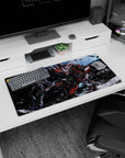 32x16 inches Gundam Astray Red Frame mouse pad, rival unit in smoke on a starry battlefield.