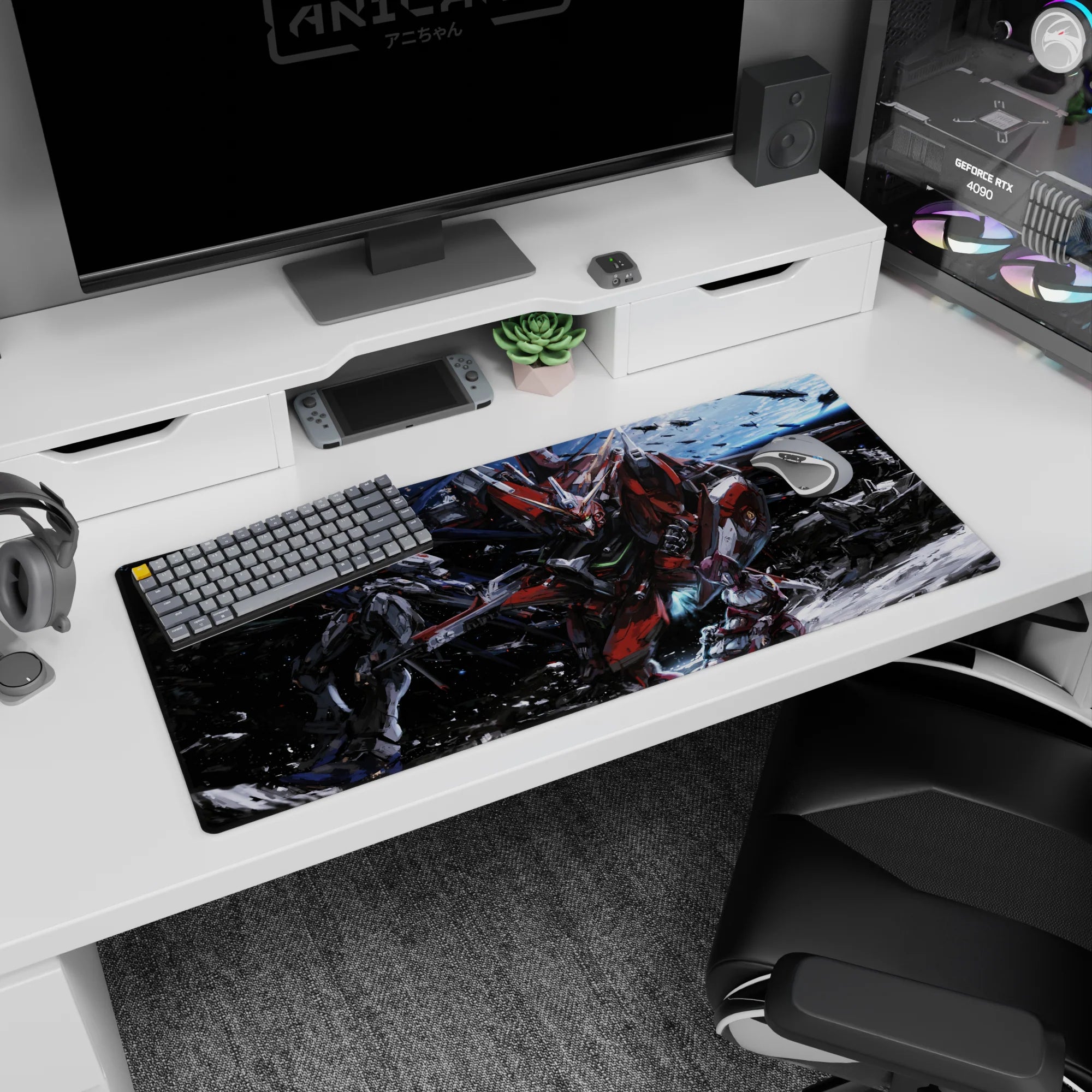 36x16 inches anime desk pad showing Gundam Astray Red Frame charging a starfield as debris streaks past.