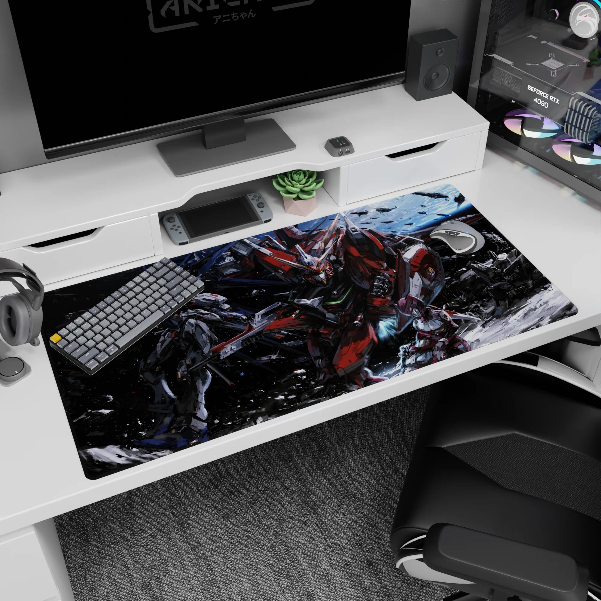 40x20 inches desk pad showing Gundam Astray Red Frame charging as a sleek rival mecha lurks in smoke.