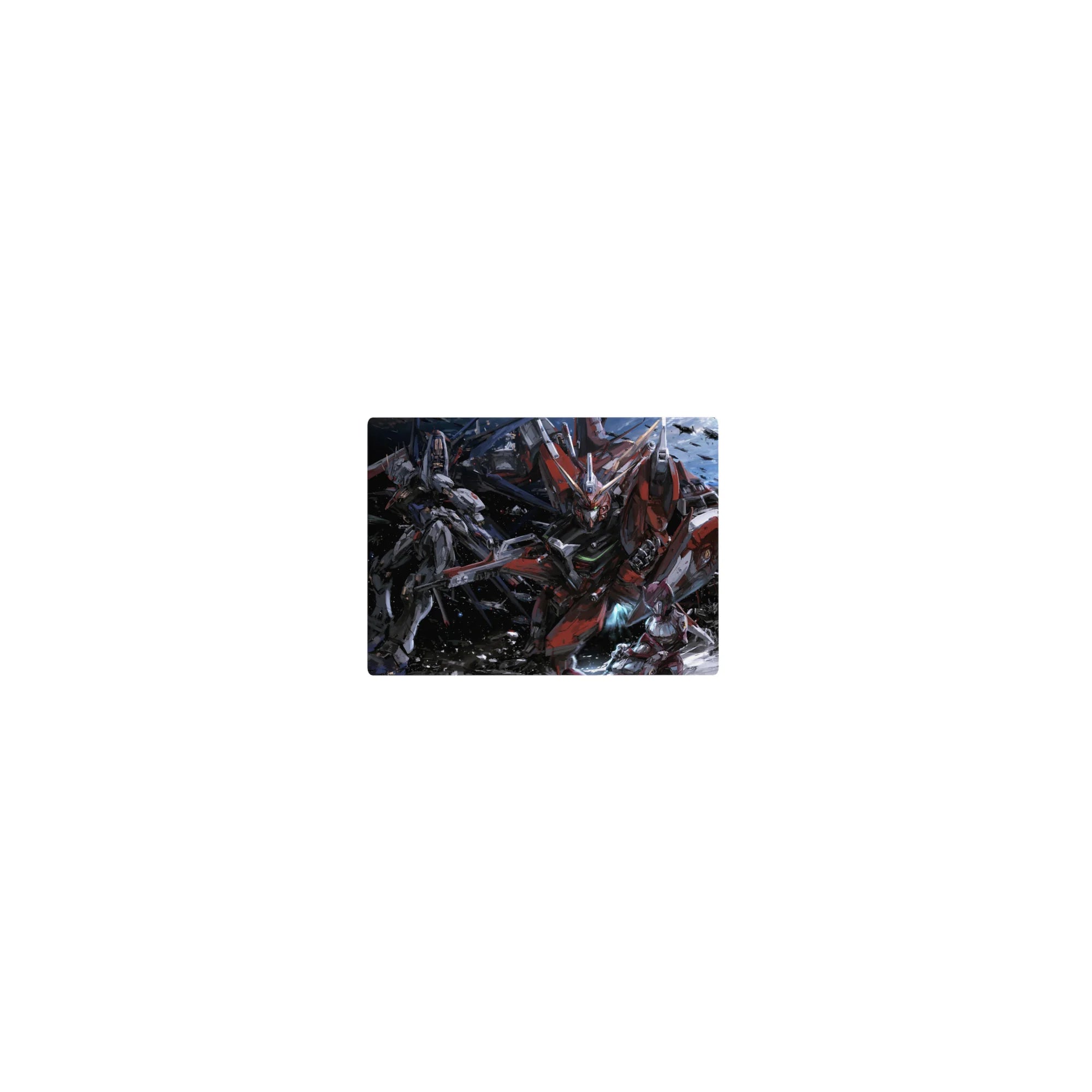 Classic anime mouse pad 14x10 inches with mecha battle art, starfield backdrop, sparks, and debris.