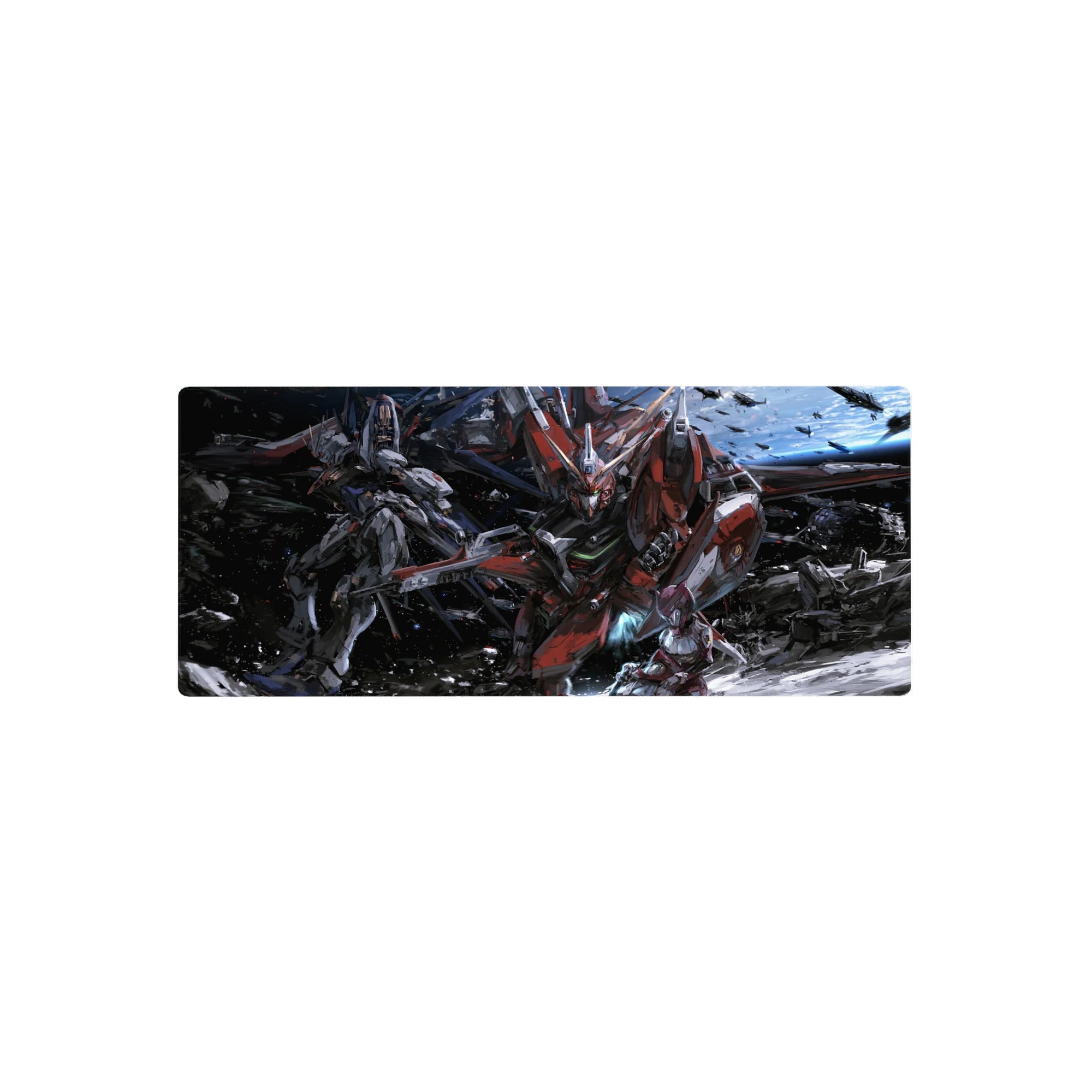 28x12 inches anime mouse pad with Gundam mecha battle art, Astray Red Frame on a starry battlefield.