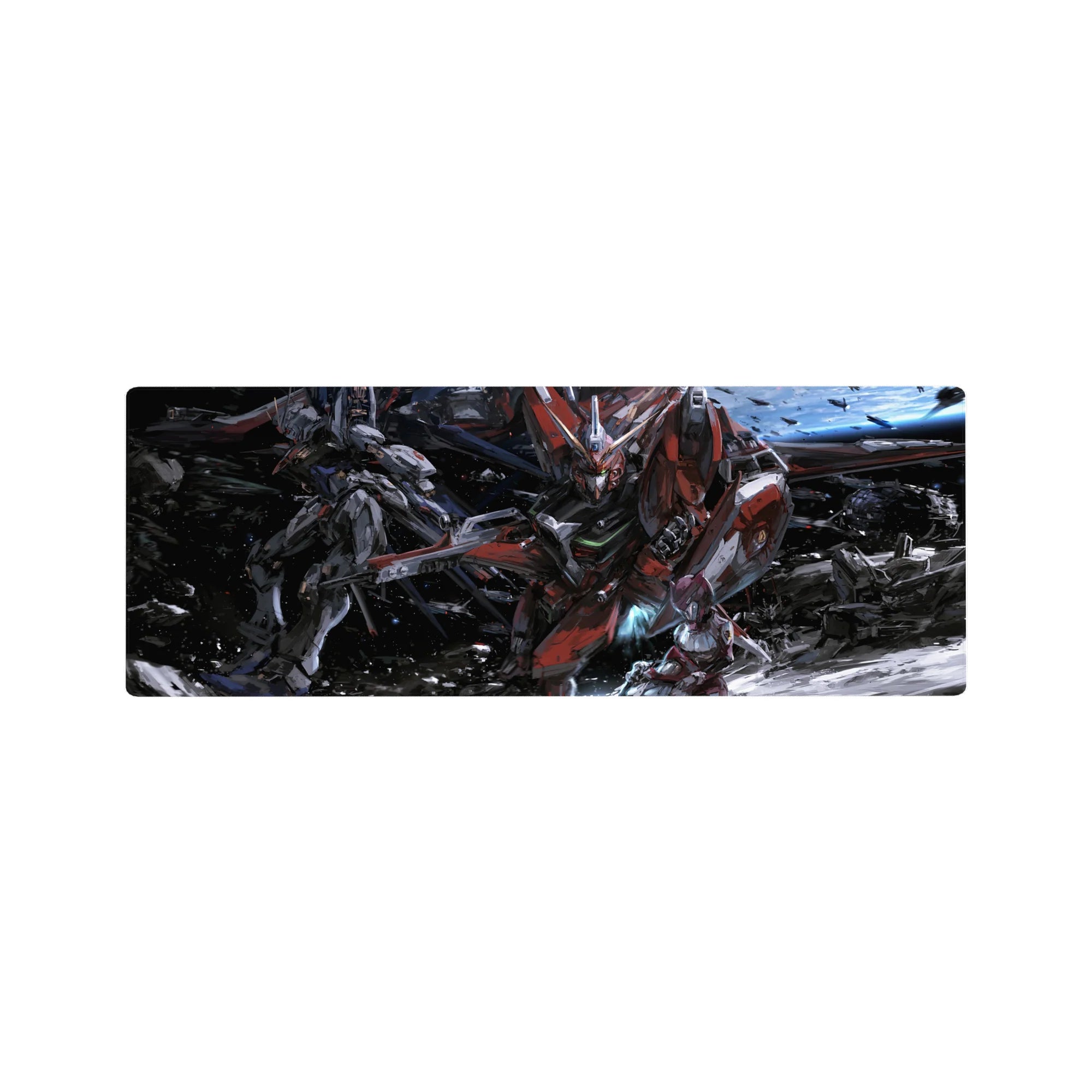 32x12 inches anime mouse pad with mecha battle art, Astray Red Frame in space with sparks and debris.