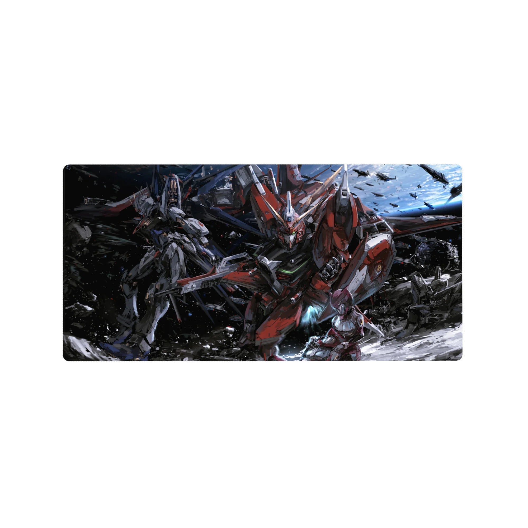 32x16 inches anime mouse pad with Gundam mech battle scene, sparks, debris, and deep-space backdrop.