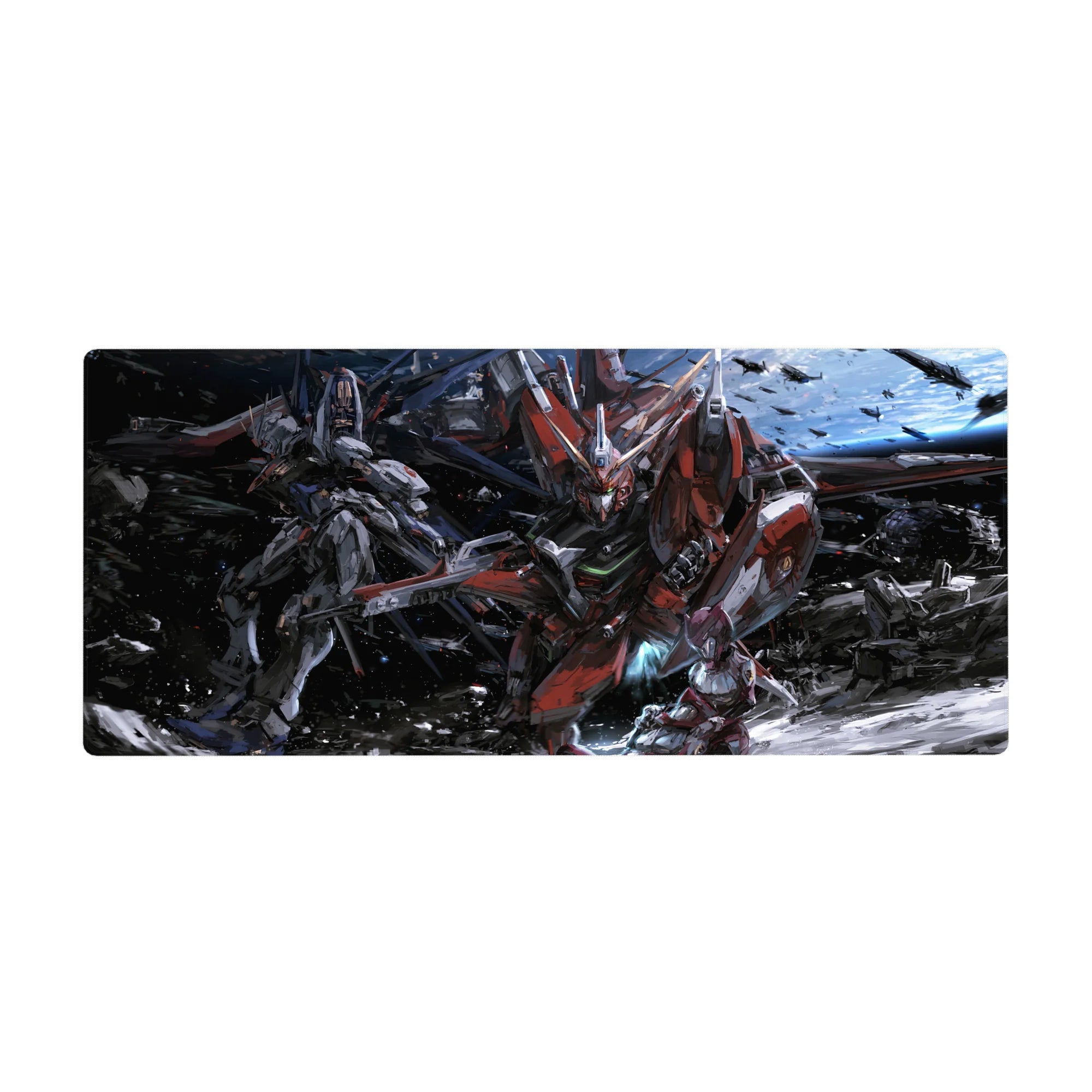 36x16 inches anime desk pad with mecha battle art, Astray Red Frame and rival unit in smoky space.