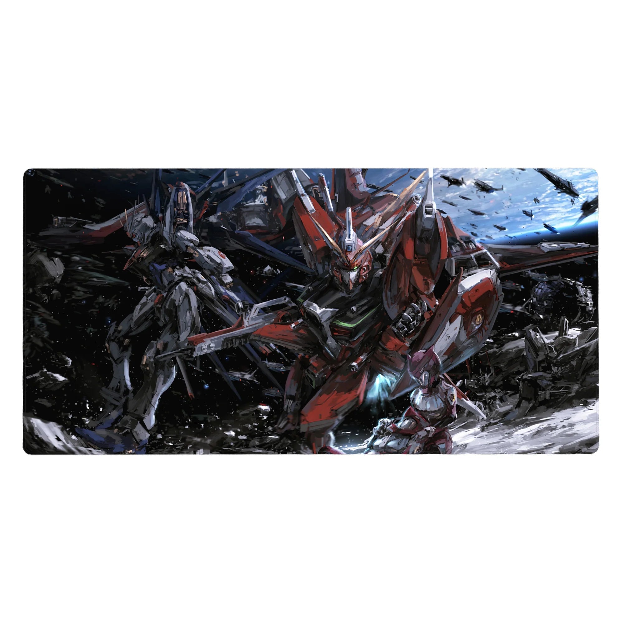 40x20 inches anime desk pad with mecha battle art, Astray Red Frame in space with sparks and debris.