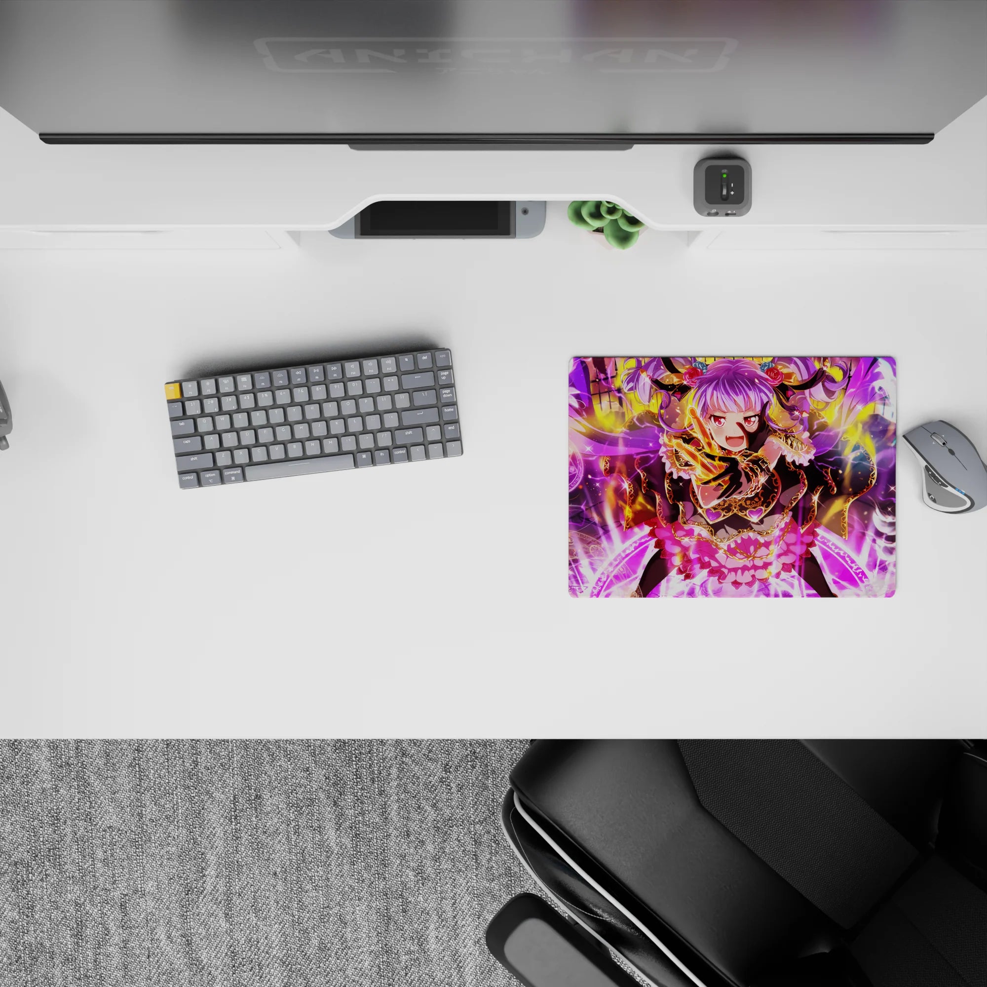 Vibrant 14x10 inches anime mouse pad in violet, gold, and icy blue with neon magic and chaotic cute vibe.