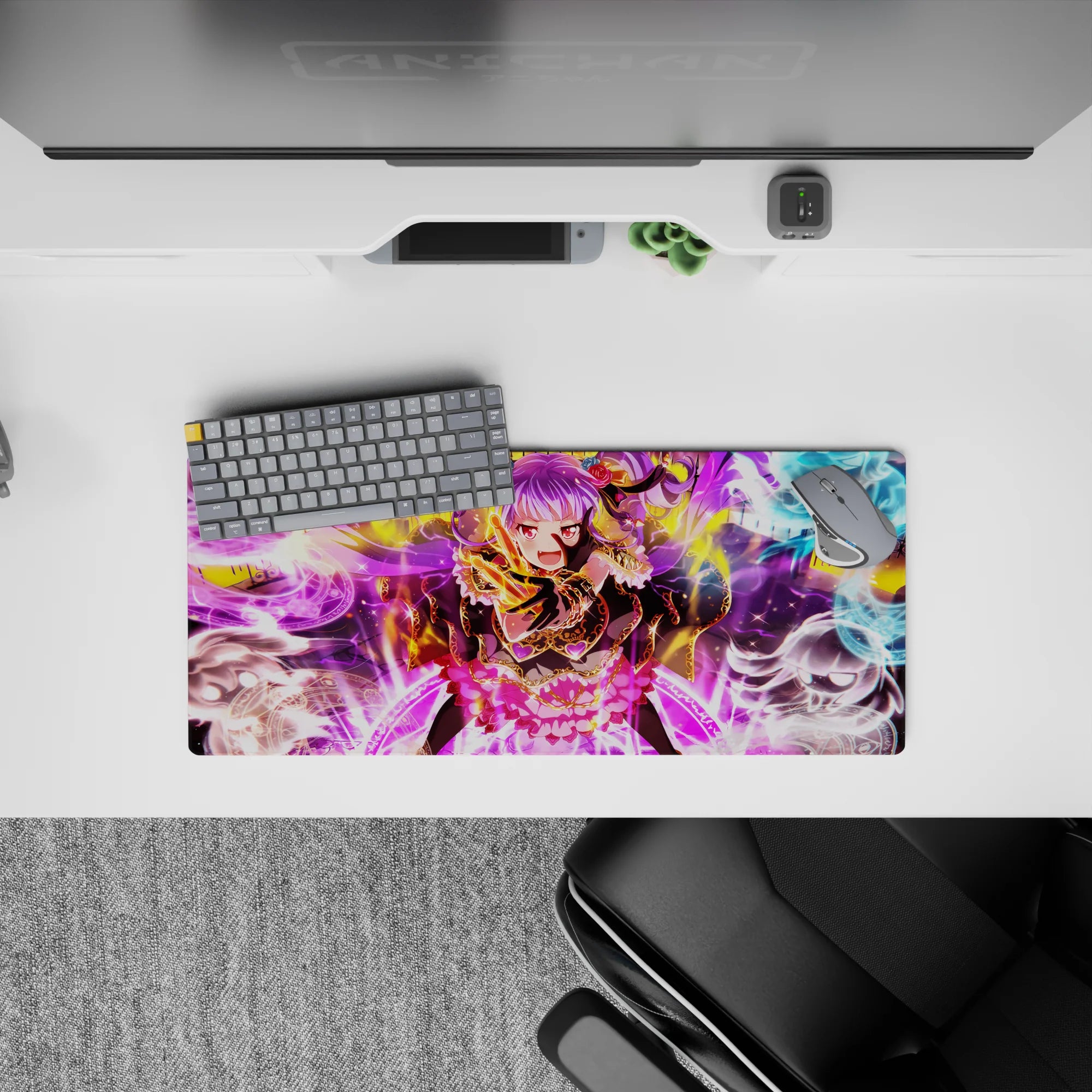 28x12 inches gaming mouse pad in neon violet, gold, and icy blue with chaotic spellcaster energy.