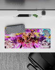 28x12 inches gaming mouse pad in neon violet, gold, and icy blue with chaotic spellcaster energy.
