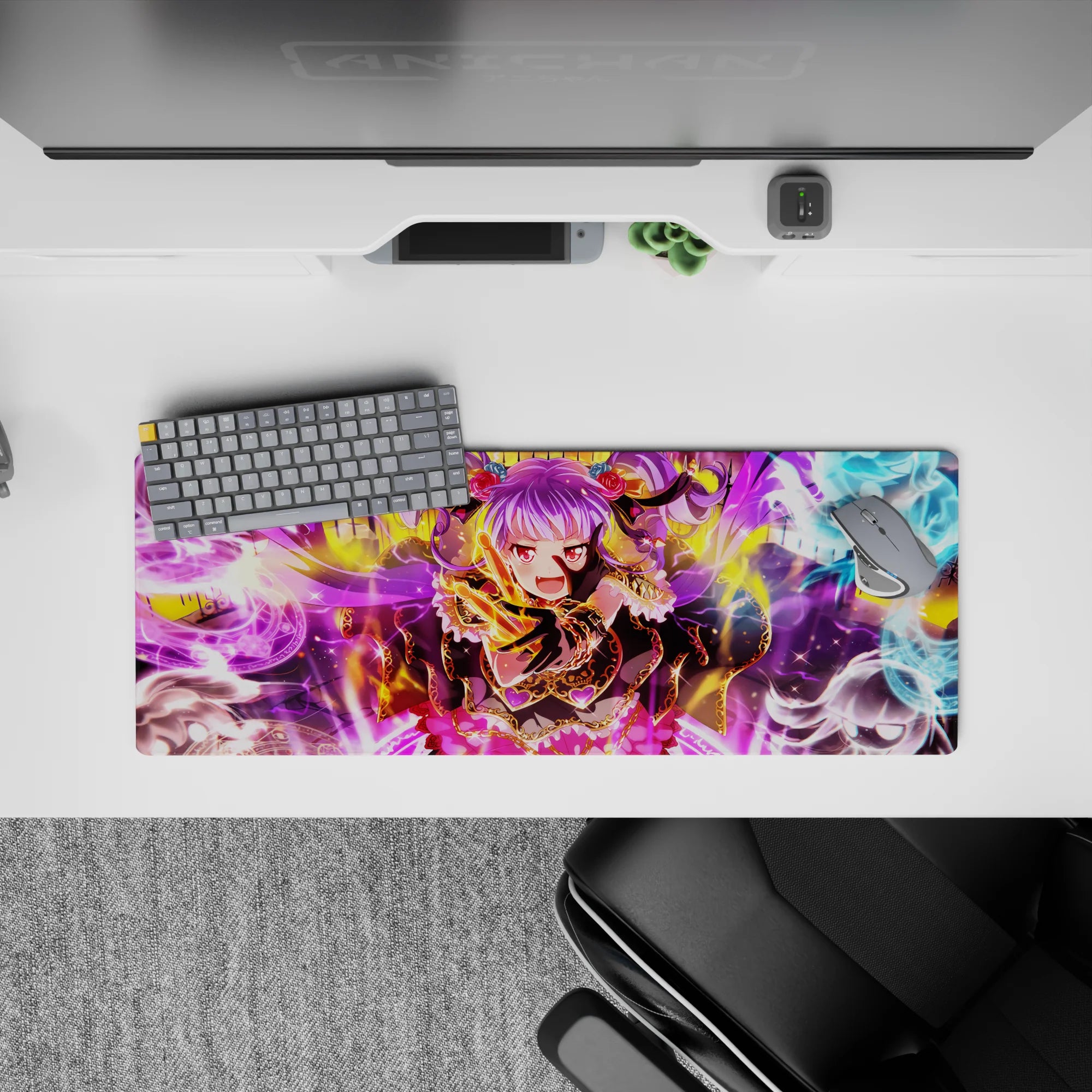 32x12 inches extended mouse pad in neon violet, gold, and icy blue with chaotic spellcaster energy.