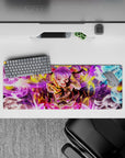 32x12 inches extended mouse pad in neon violet, gold, and icy blue with chaotic spellcaster energy.