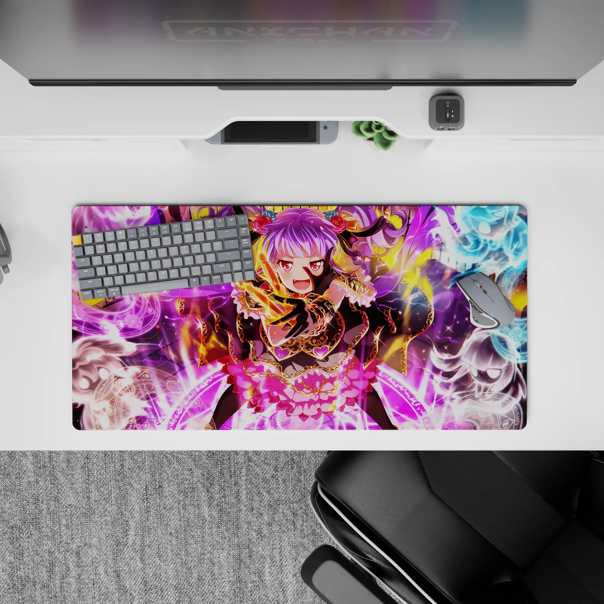 Spell-slinging anime mouse pad 32x16 inches in violet, gold, and icy blue with neon magic rings.