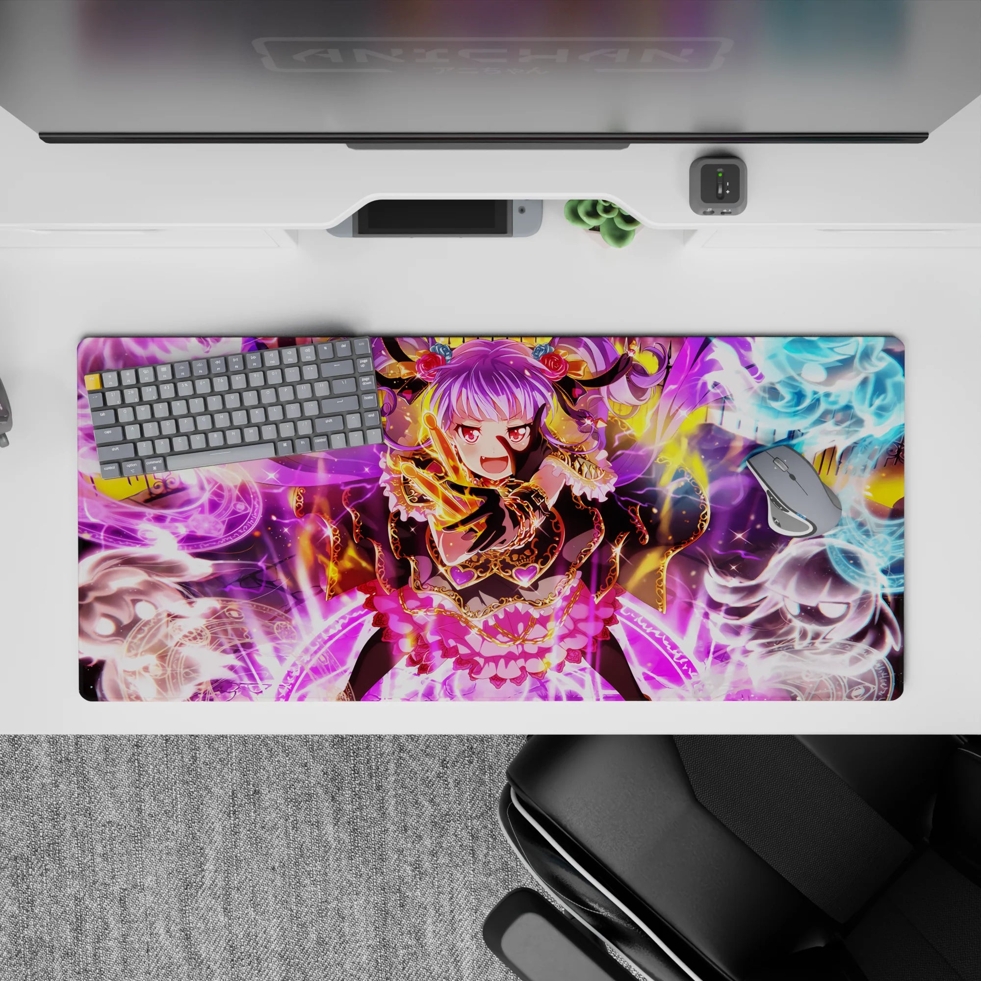 36x16 inches extended mouse pad in neon violet, gold, and icy blue with chaotic spell-slinging vibes.