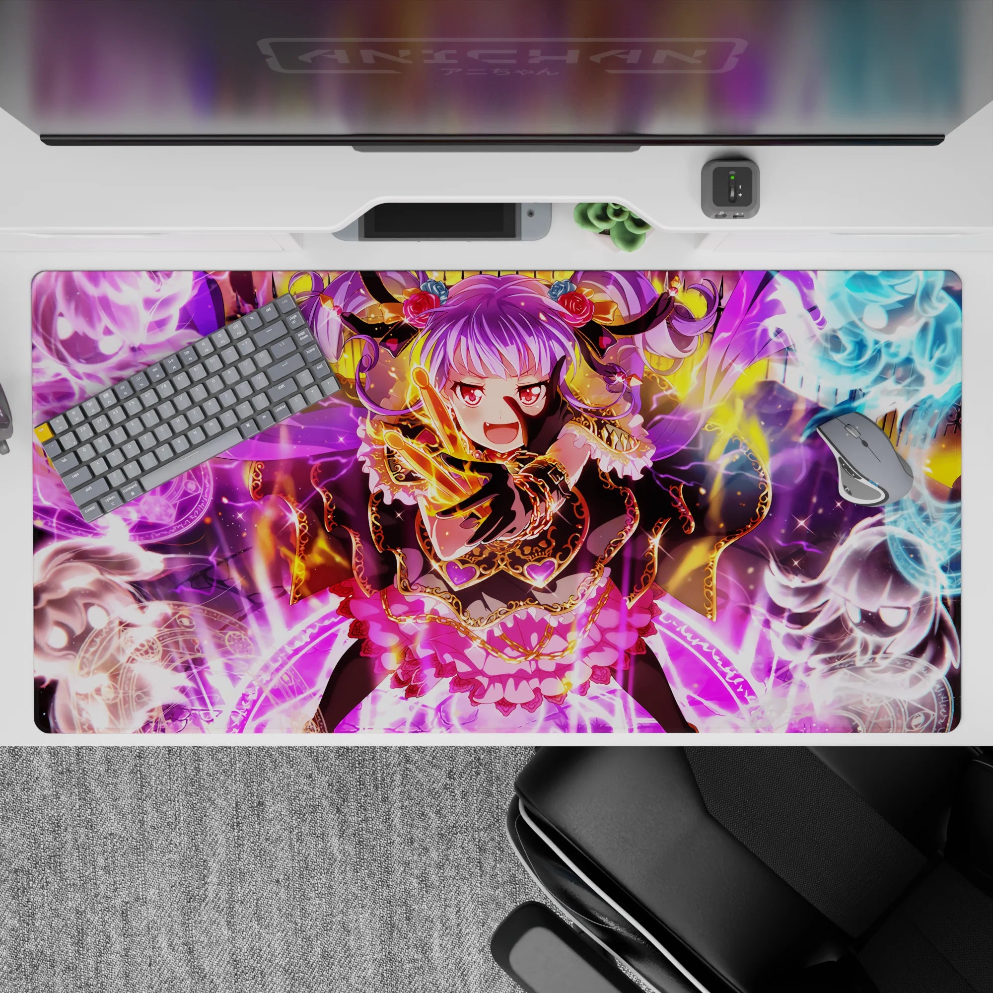 Vibrant 40x20 inches anime mouse pad in violet, gold, and icy blue for chaotic spellcaster vibes.
