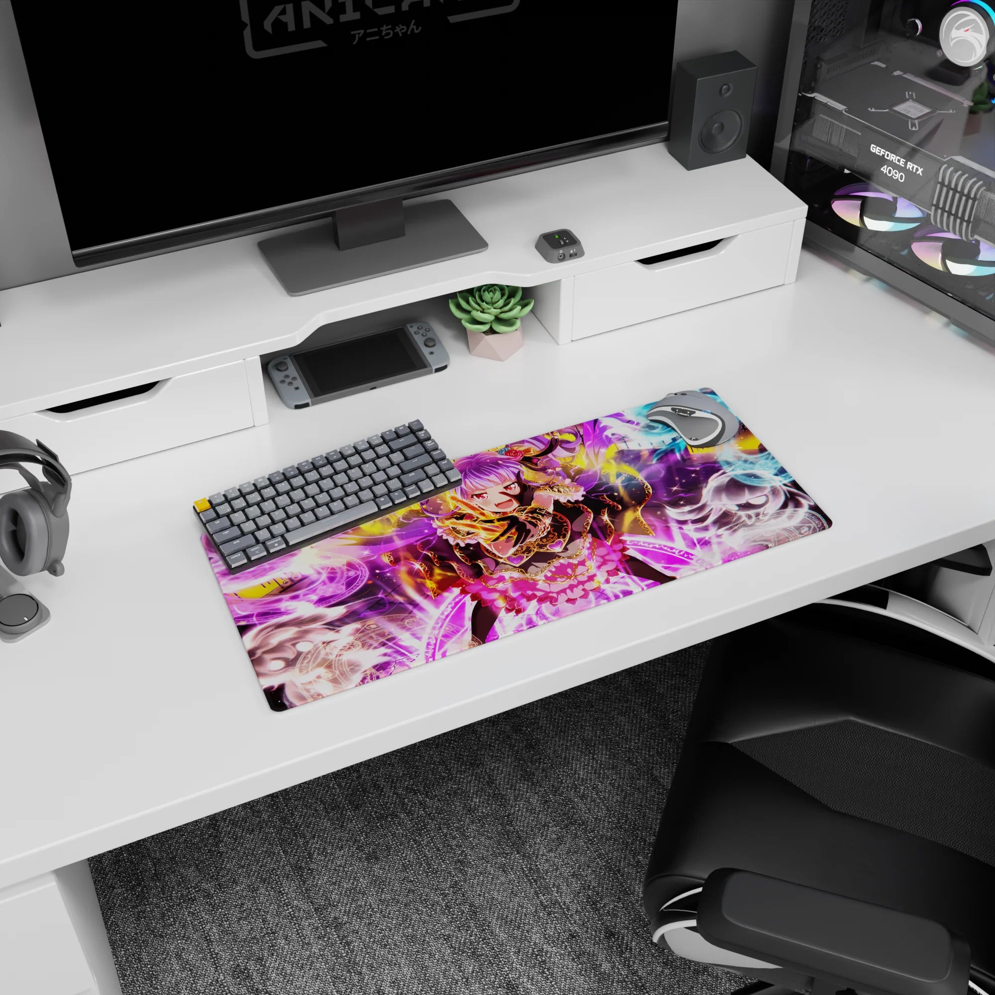28x12 inches desk mouse pad showing horned anime witch laughing amid smoky spirits and glowing magic circles.