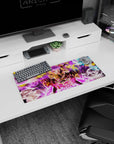 28x12 inches desk mouse pad showing horned anime witch laughing amid smoky spirits and glowing magic circles.
