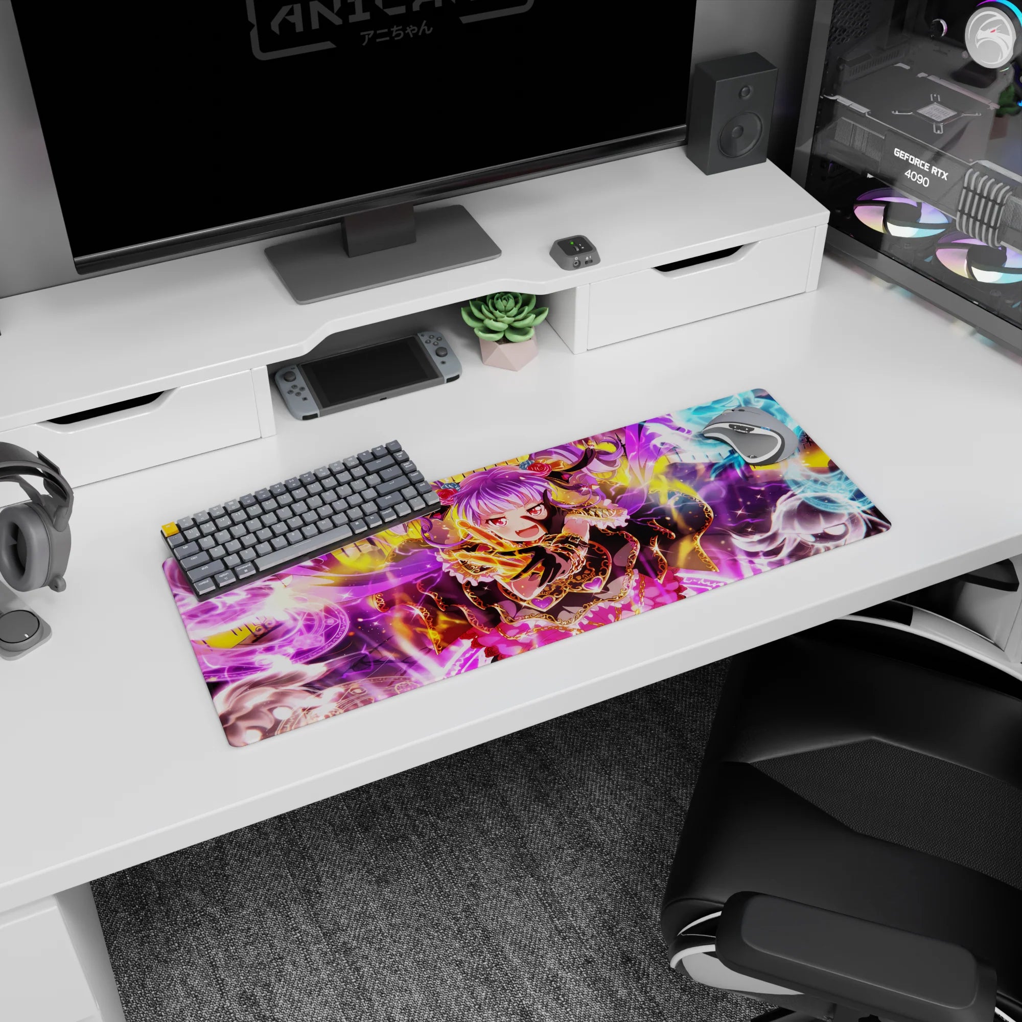 32x12 inches desk mat showing cute demon girl casting magic rings with smoky spirits swirling around her.