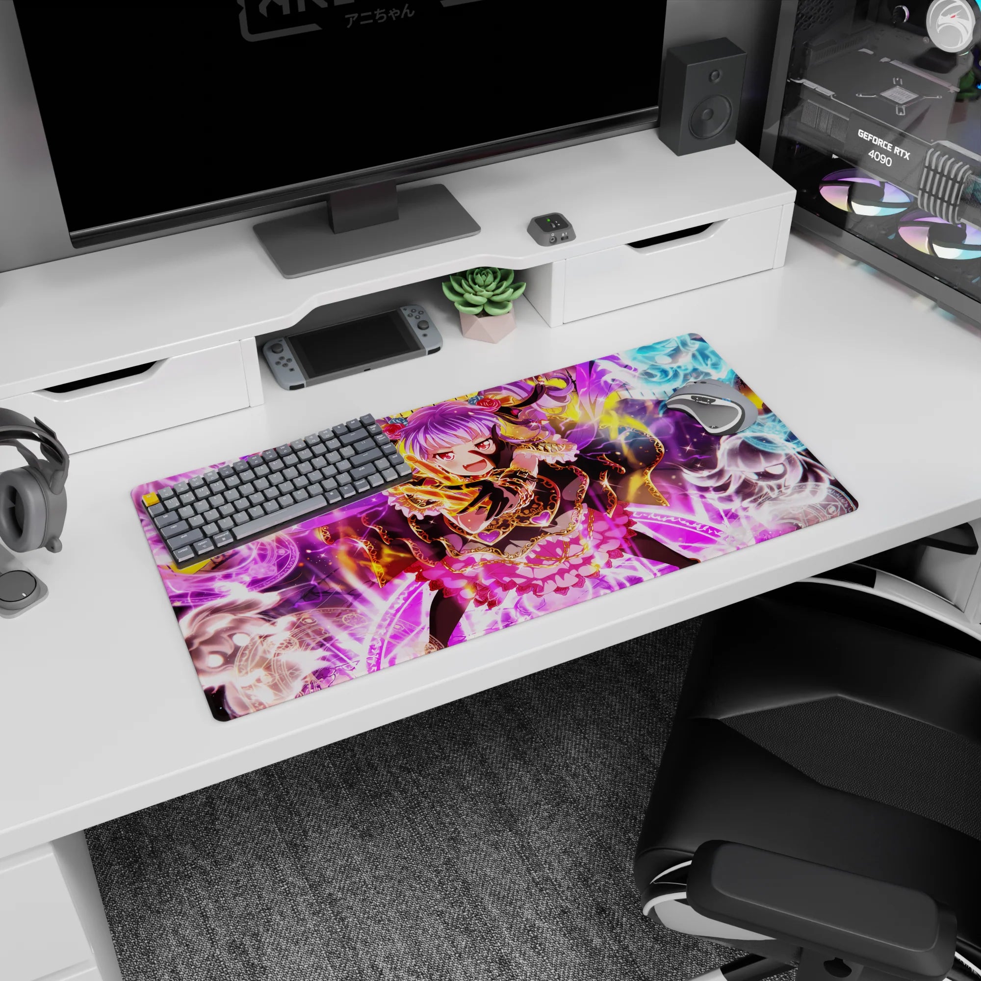 Anime demon girl desk mat 32x16 inches casting glowing runes as smoky spirits swirl around her.