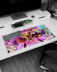 Anime demon girl desk mat 32x16 inches casting glowing runes as smoky spirits swirl around her.