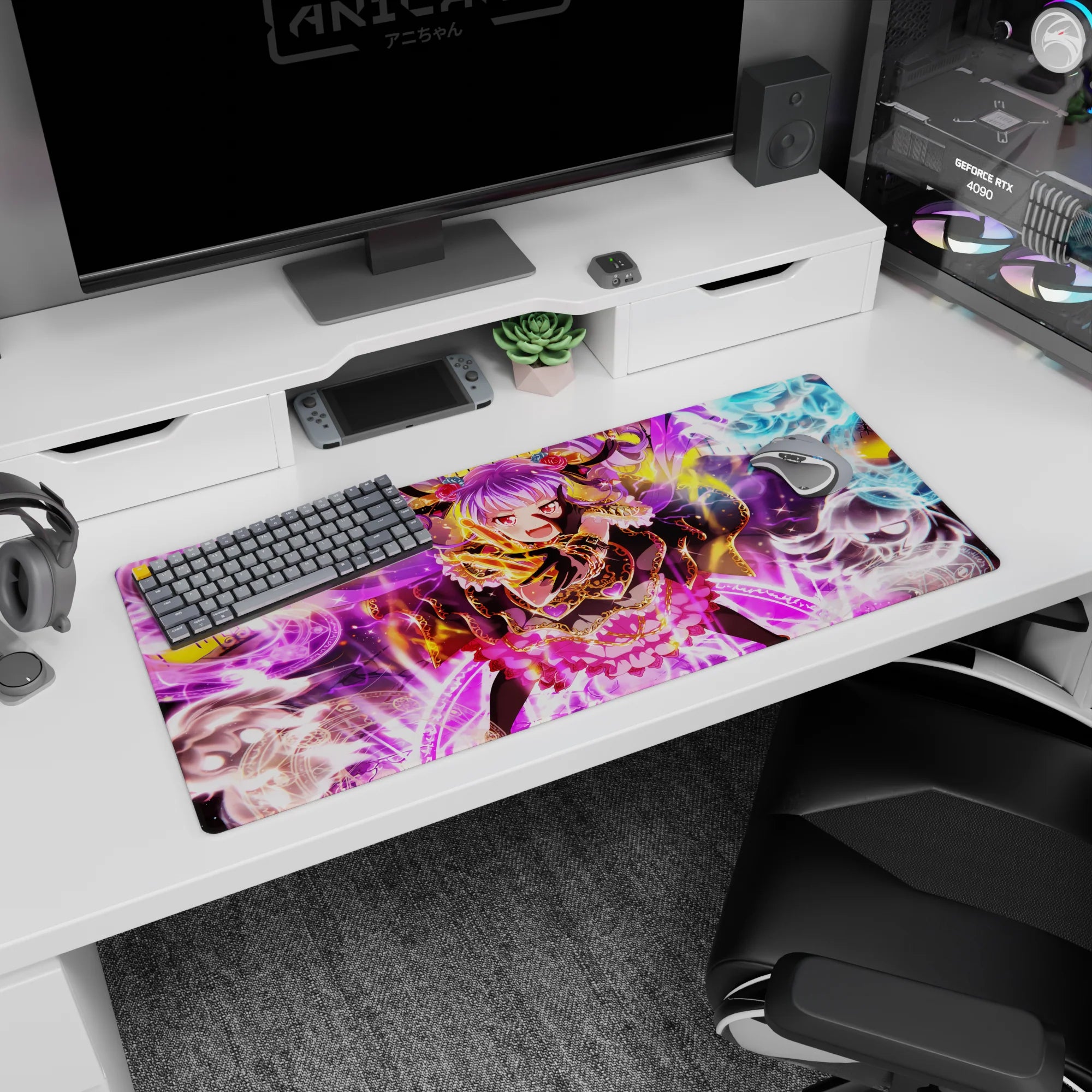 36x16 inches anime desk pad showing a purple-haired demon girl laughing as smoky spirits and sigils swirl.