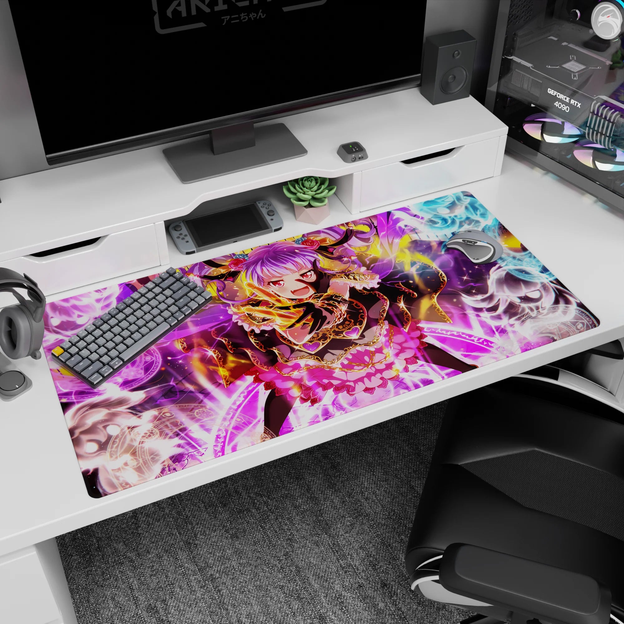 40x20 inches desk mat showing a horned anime sorceress laughing amid neon magic circles and smoky spirits.