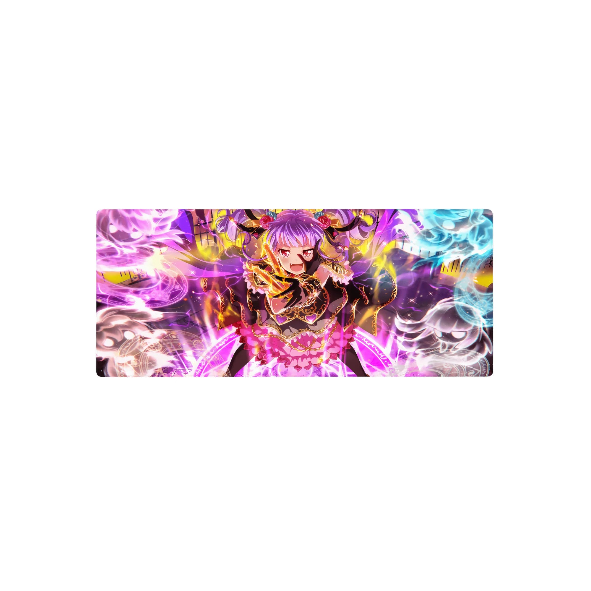28x12 inches anime girl mouse pad with purple-haired mage, tiny horns, frilly black-pink outfit, magic rings.