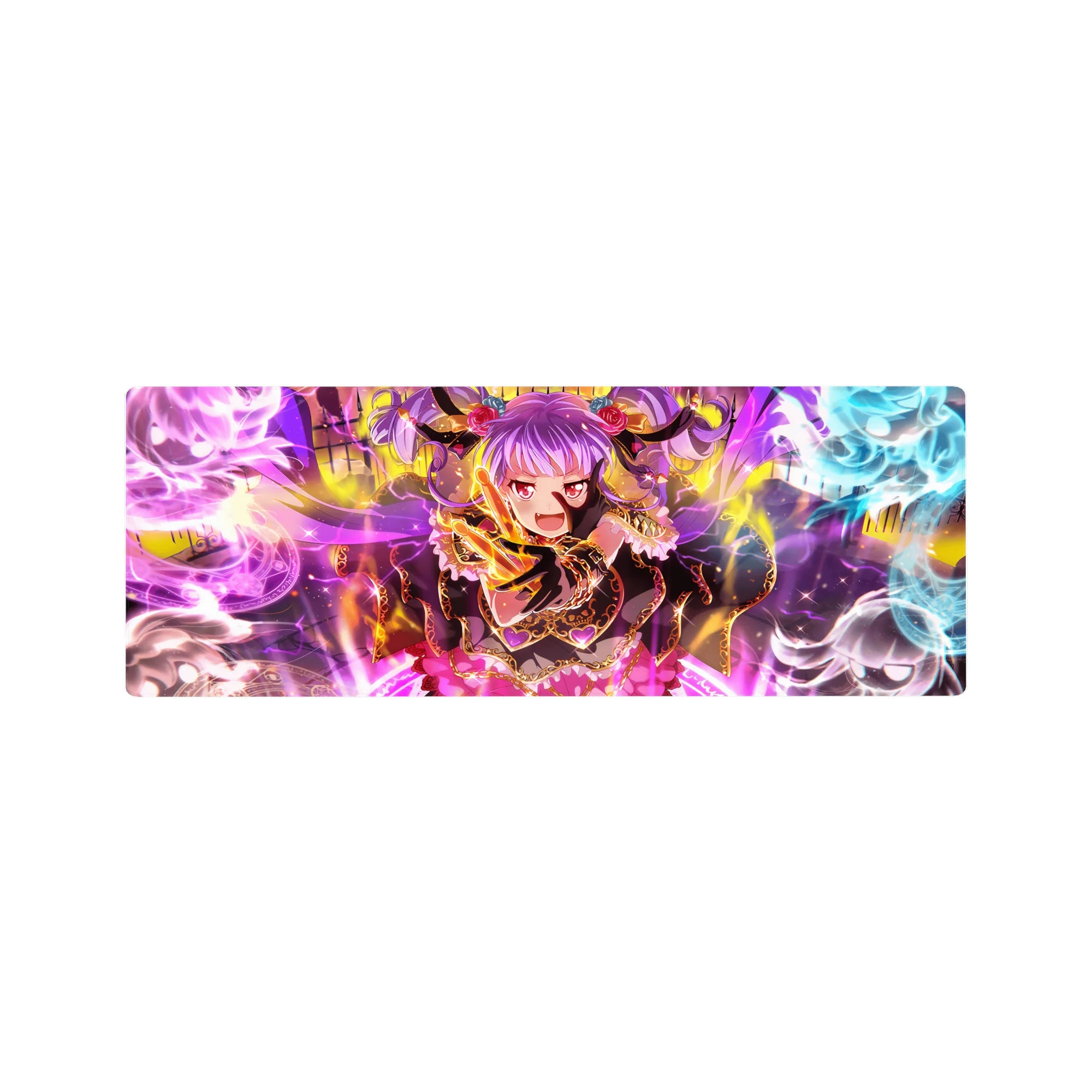 32x12 inches anime girl mouse pad with purple-haired horned mage in frilly black and pink outfit.