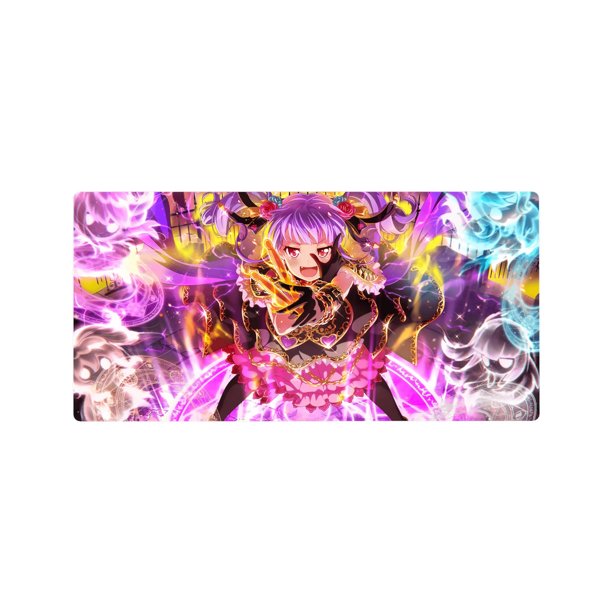 Anime girl mouse pad 32x16 inches with purple-haired horned mage in frilly black and pink outfit.