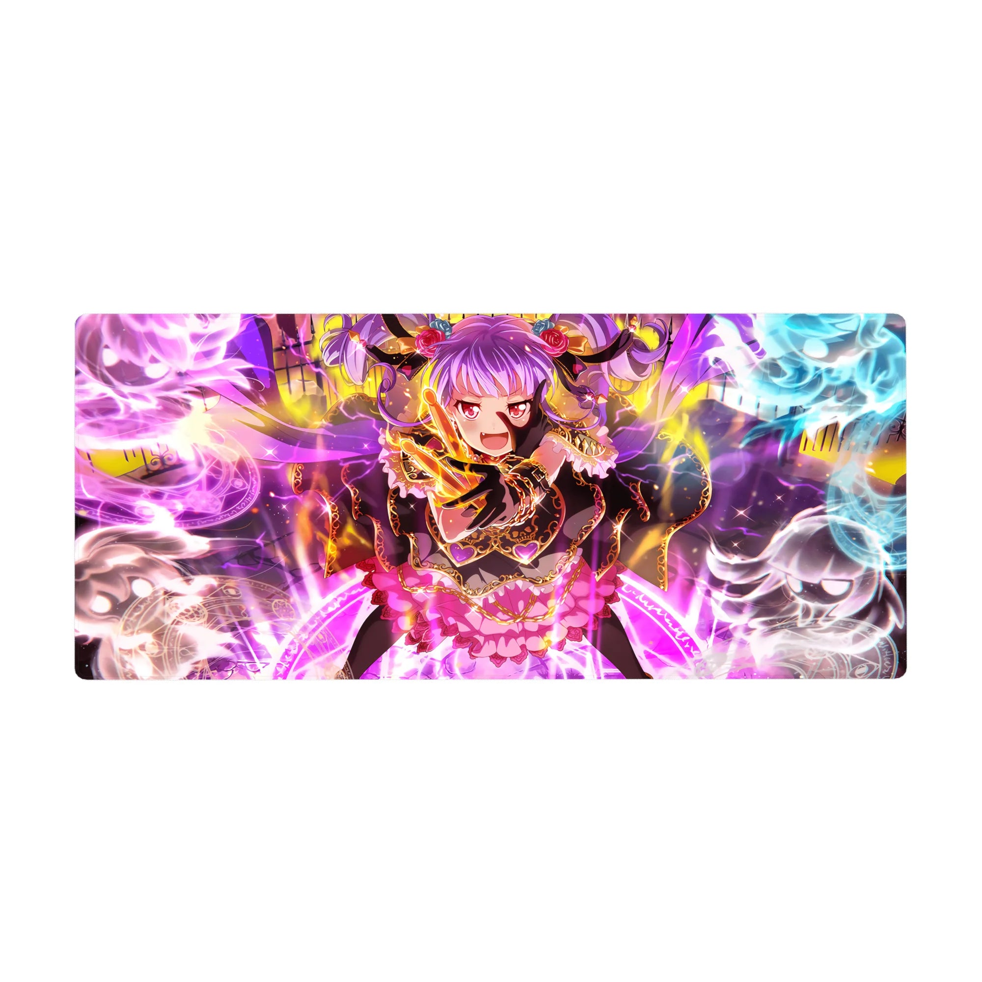36x16 inches anime girl desk pad with purple-haired horned mage, frilly black-pink outfit, magic rings.