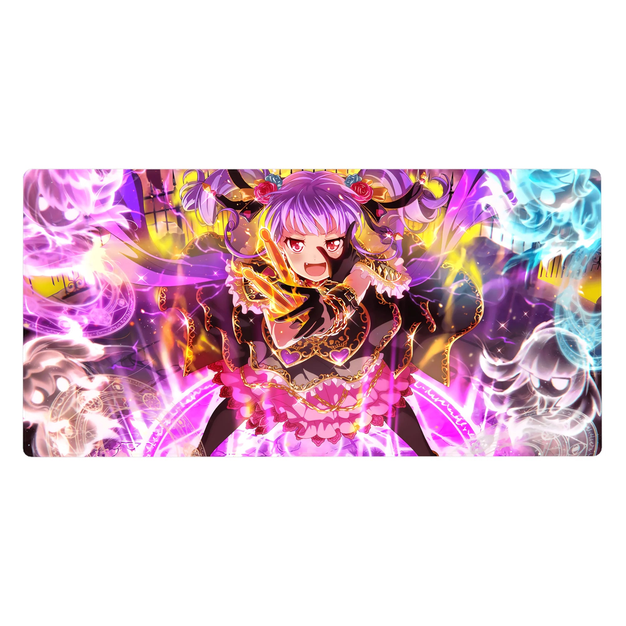 Anime girl desk pad 40x20 inches with purple-haired demon mage, frilly black-pink outfit, magic rings.