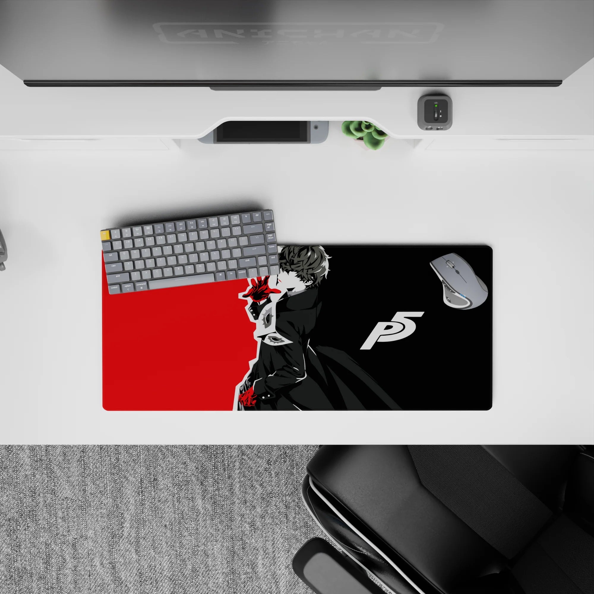 Anime mouse pad featuring Joker from Persona 5, 28x12 inches. Minimalist design with black, white, and red colors.