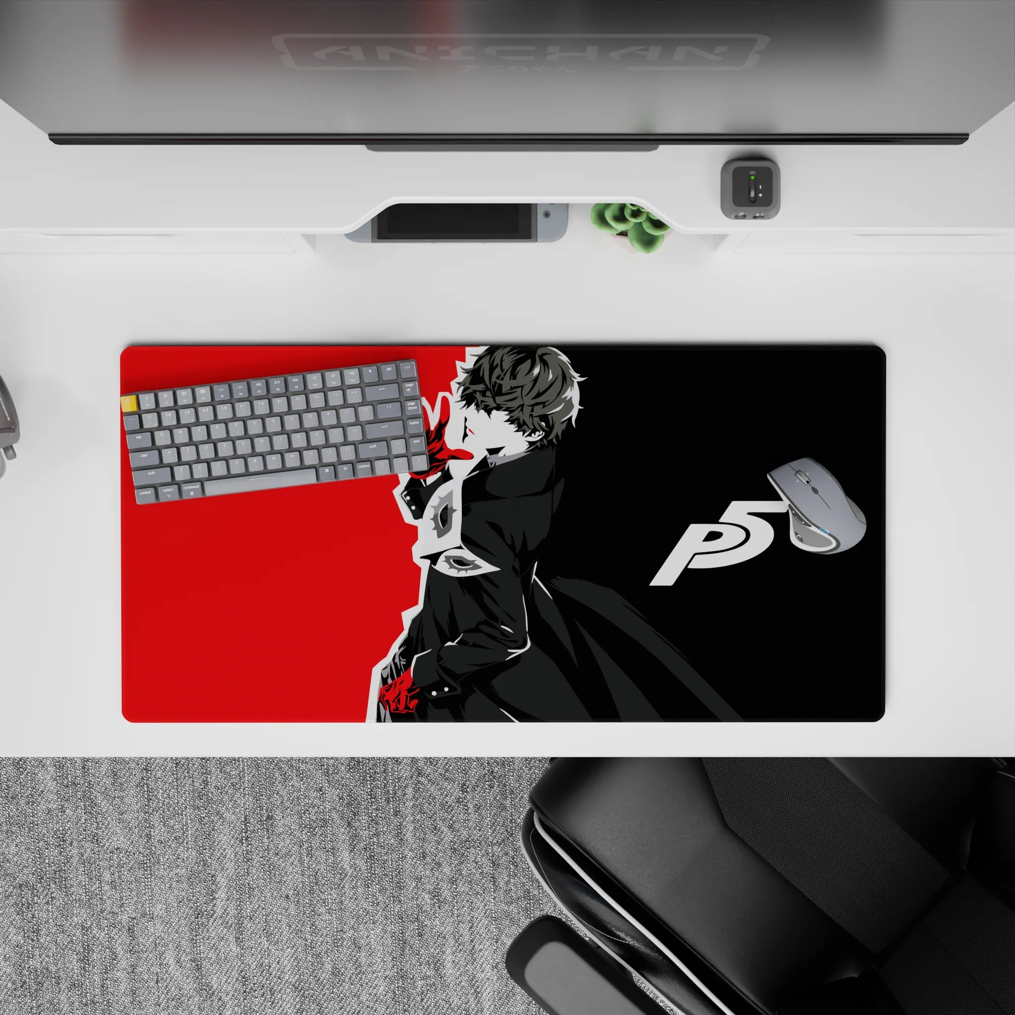 Mouse pad featuring Joker from Persona 5, 32x16 inches, in a bold black, white, and red design, capturing Phantom Thief energy.