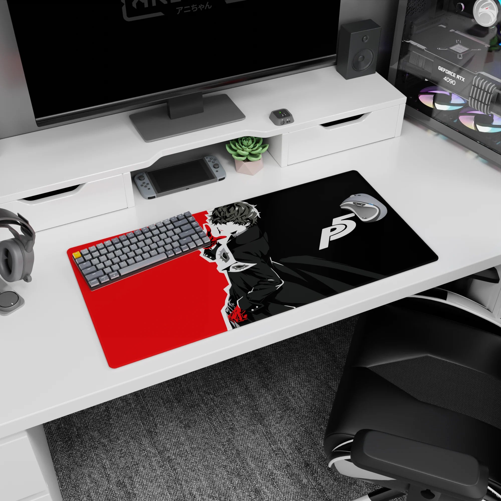 Anime mouse pad 32x16 inches featuring Joker from Persona 5 in iconic pose with black, white, and red split background.