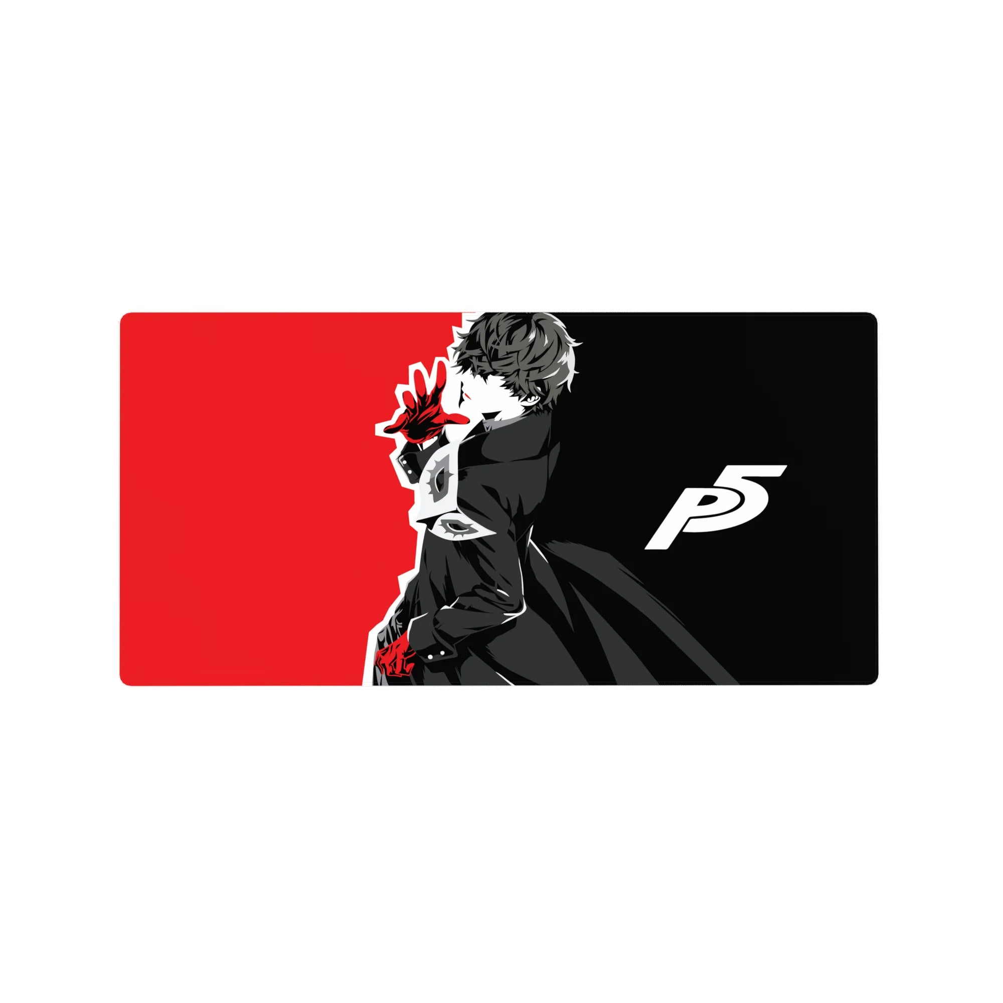 Anime mouse pad 32x16 inches featuring Joker from Persona 5 in iconic pose, black, white, red theme, Phantom Thief energy.