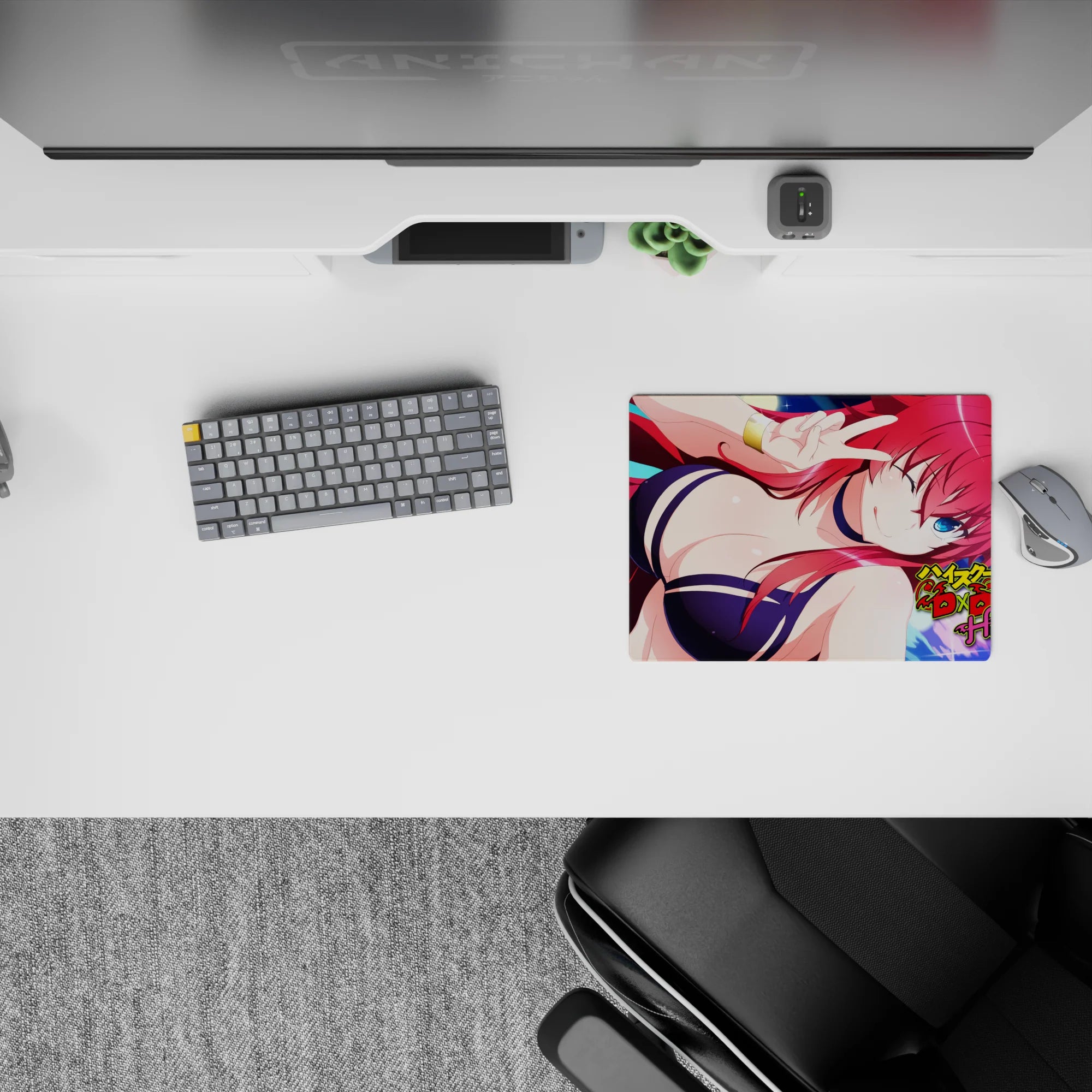 Rias Gremory from High School DxD Hero poses in a navy bikini with a peace sign on a 14x10 inch anime mouse pad.