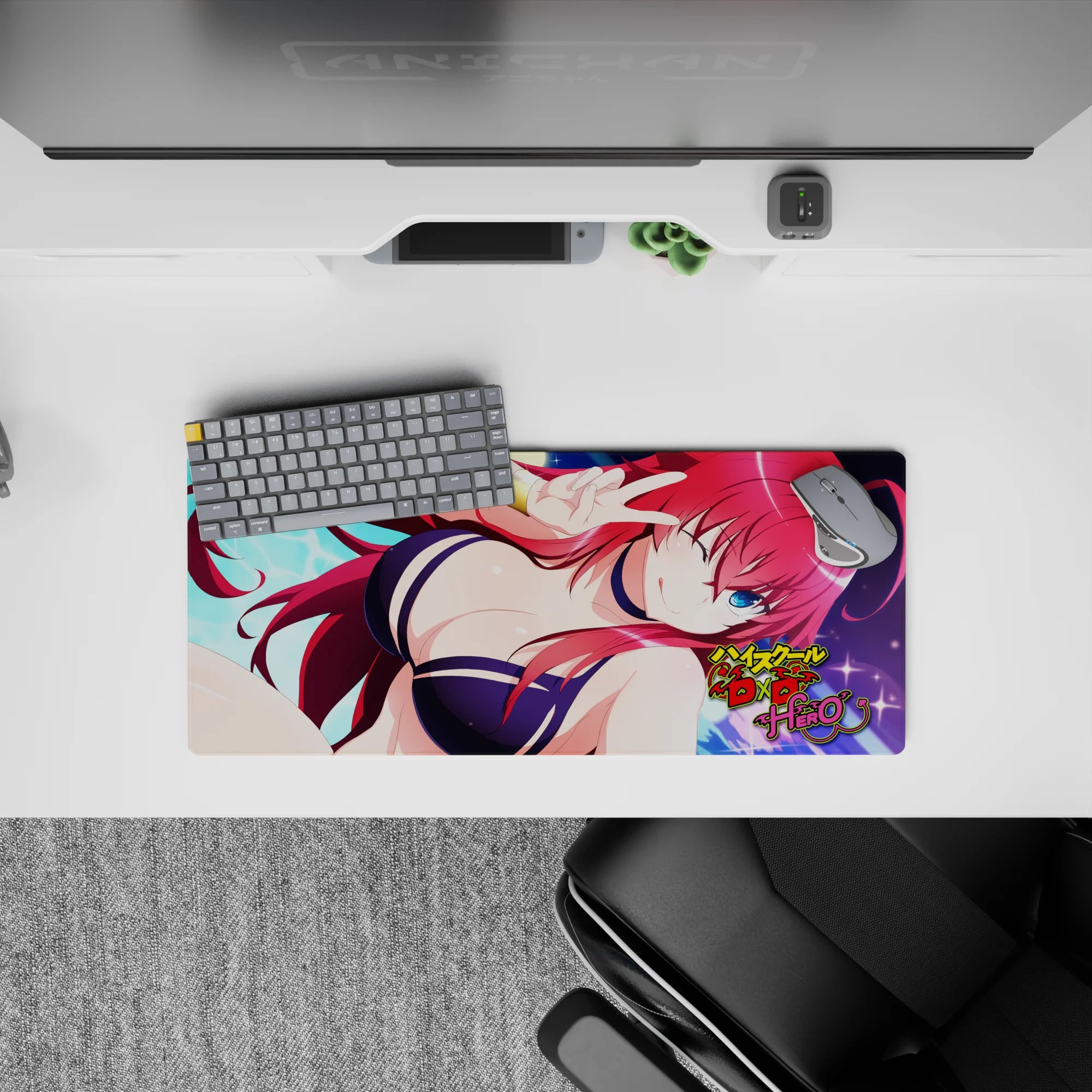 Rias Gremory anime mouse pad 28x12 inches, in navy bikini under moonlit sky from High School DxD Hero, adds devilish charm.