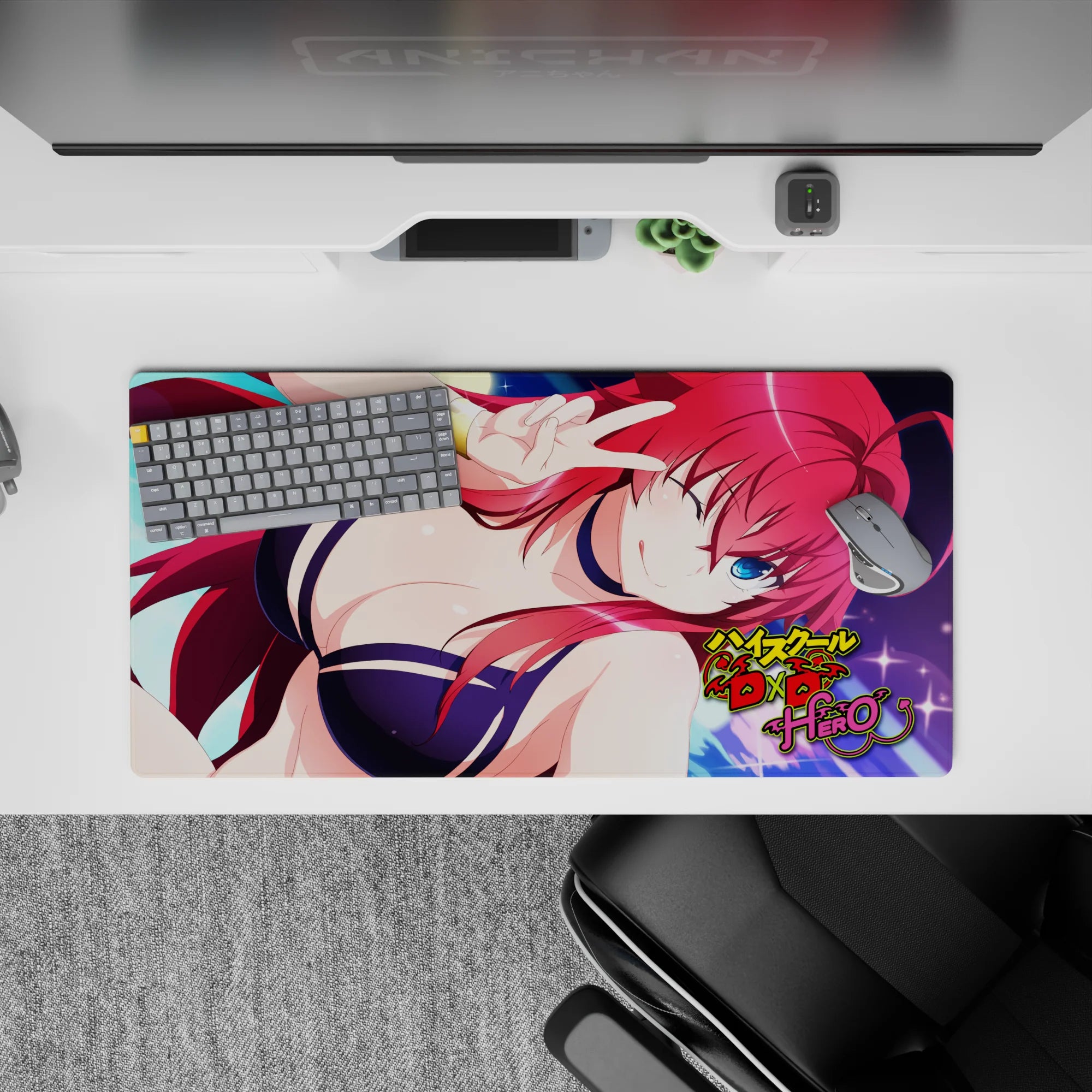 Rias Gremory from High School DxD Hero on a 32x16 inches mouse pad, in a navy bikini under the moonlit sky, exuding charm.