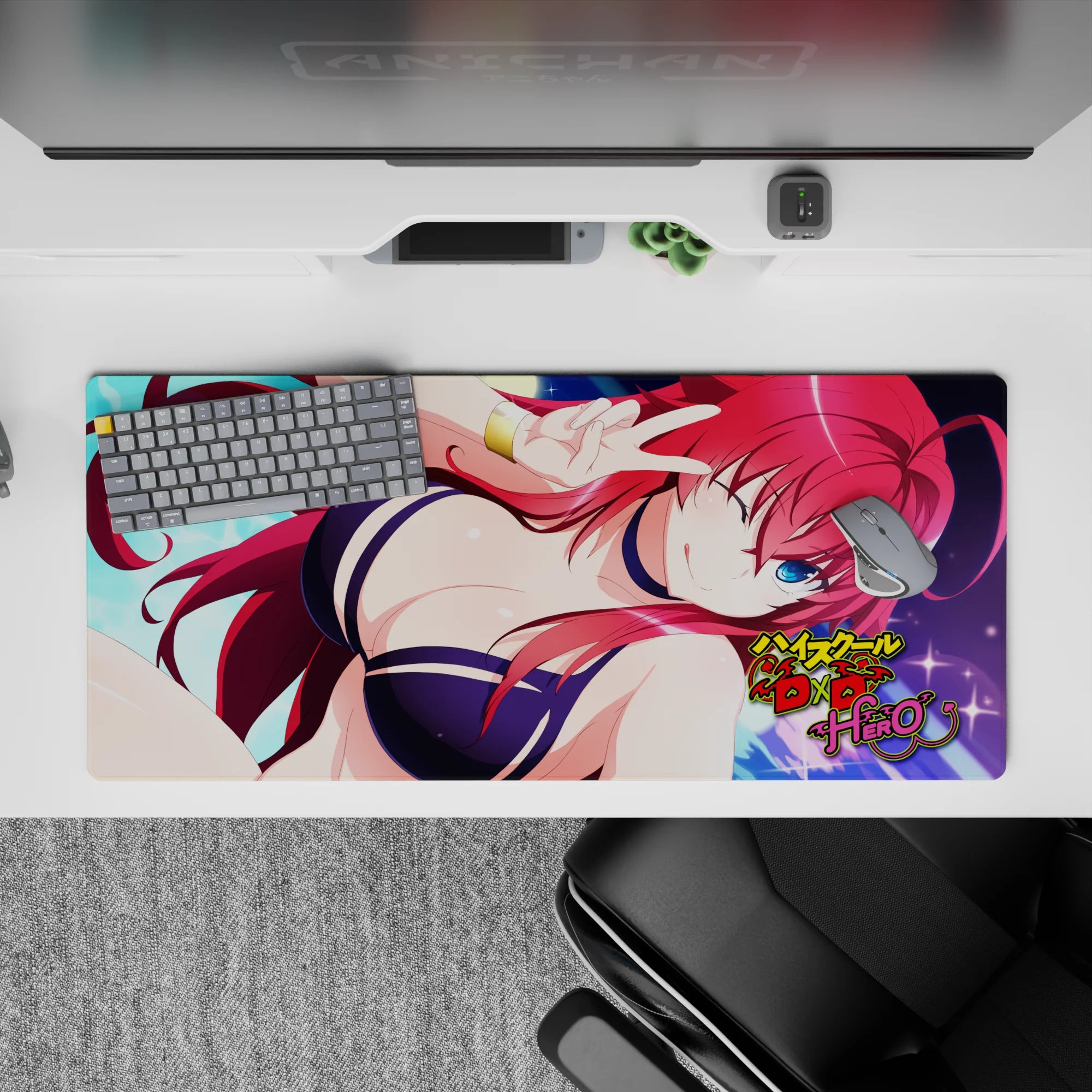 Rias Gremory from High School DxD Hero on a 36x16 inch desk pad, in a navy bikini, under a moonlit sky with fiery hair.