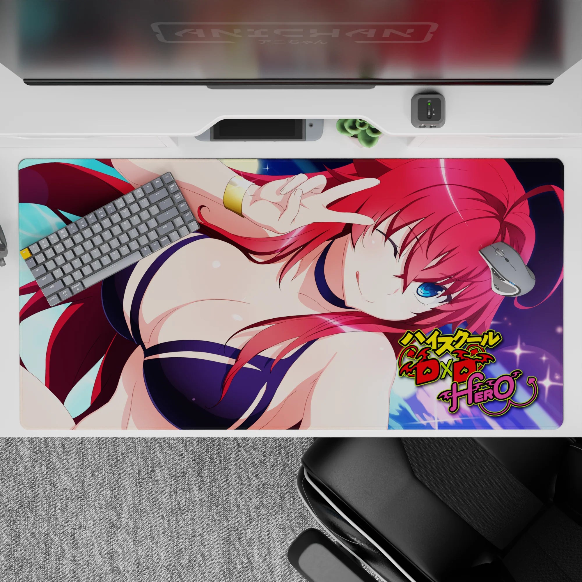 Rias Gremory anime desk pad, 40x20 inches, in a navy bikini under moonlit sky, High School DxD Hero theme.