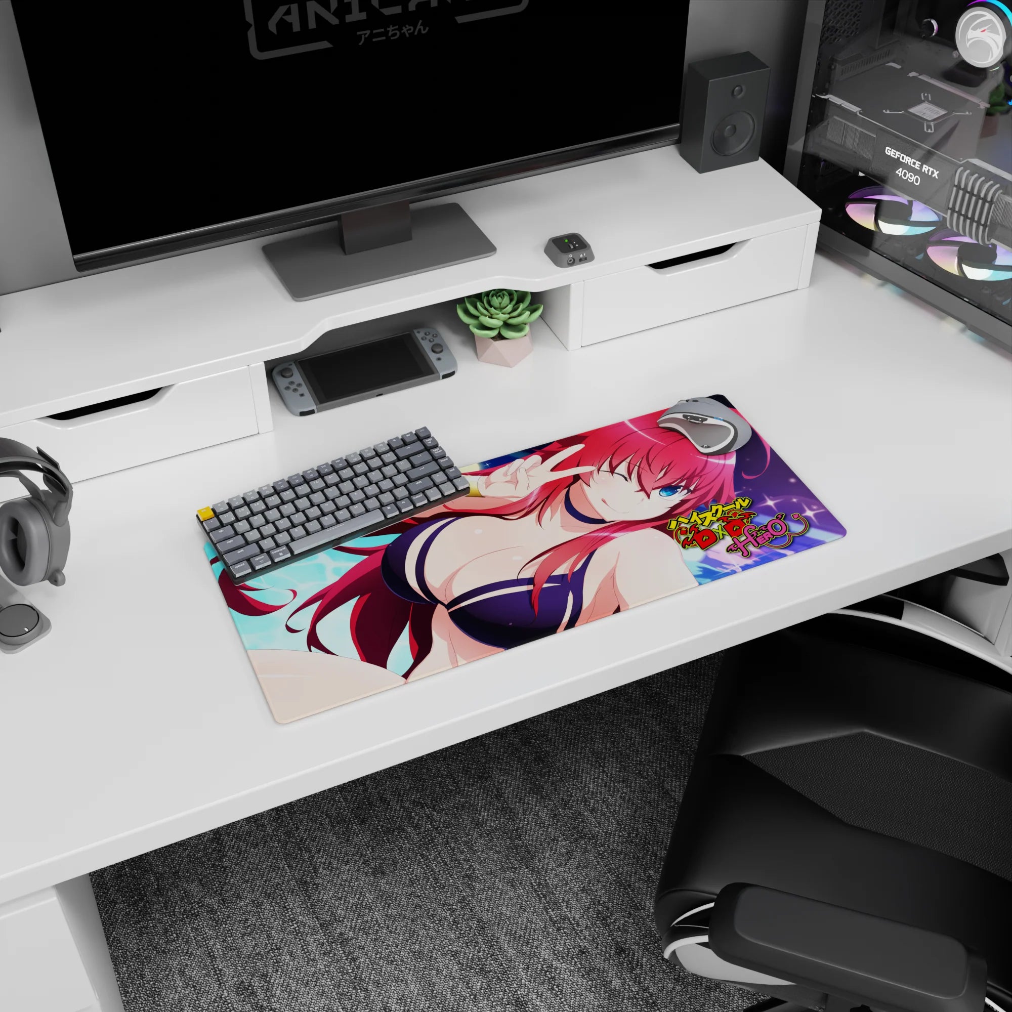 Rias Gremory from High School DxD Hero on 28x12 inch mouse pad, in a navy bikini with fiery hair under a moonlit sky.