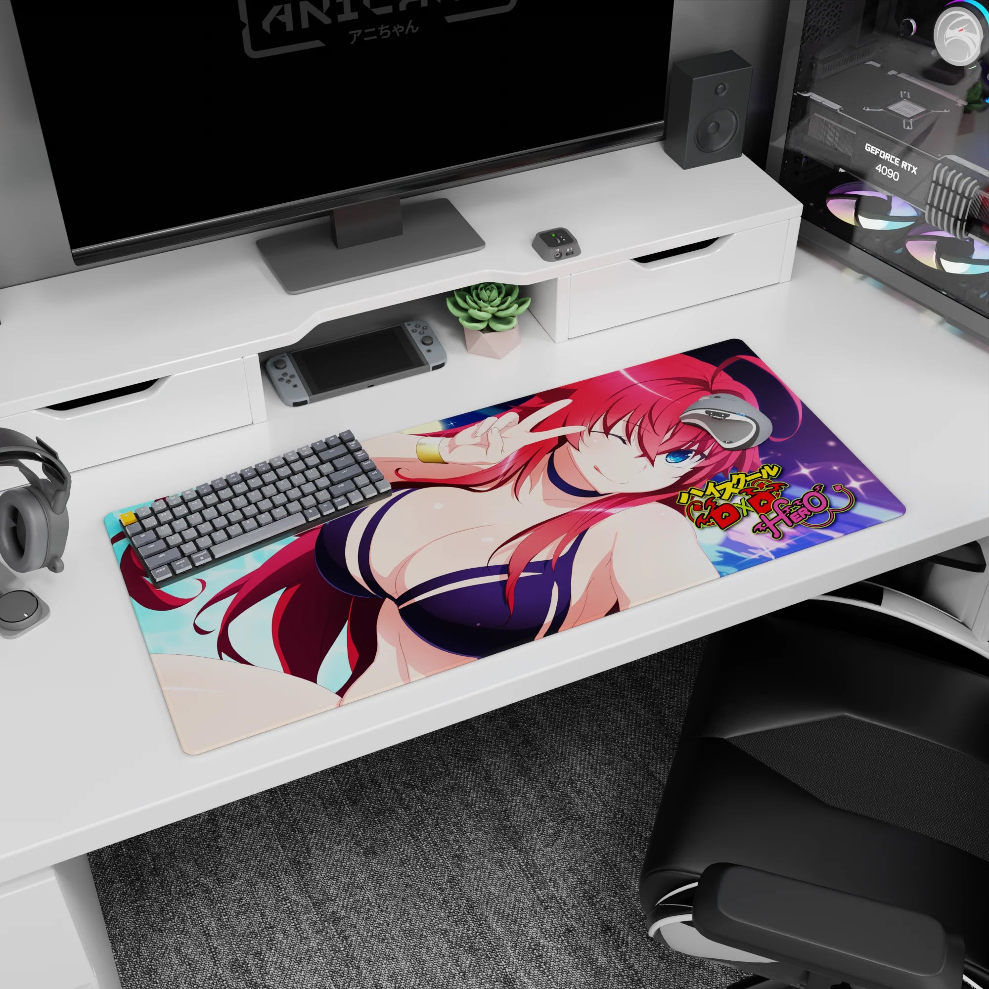Rias Gremory from High School DxD Hero on a 36x16 inch anime desk pad, navy bikini, fiery hair glowing under a moonlit sky.