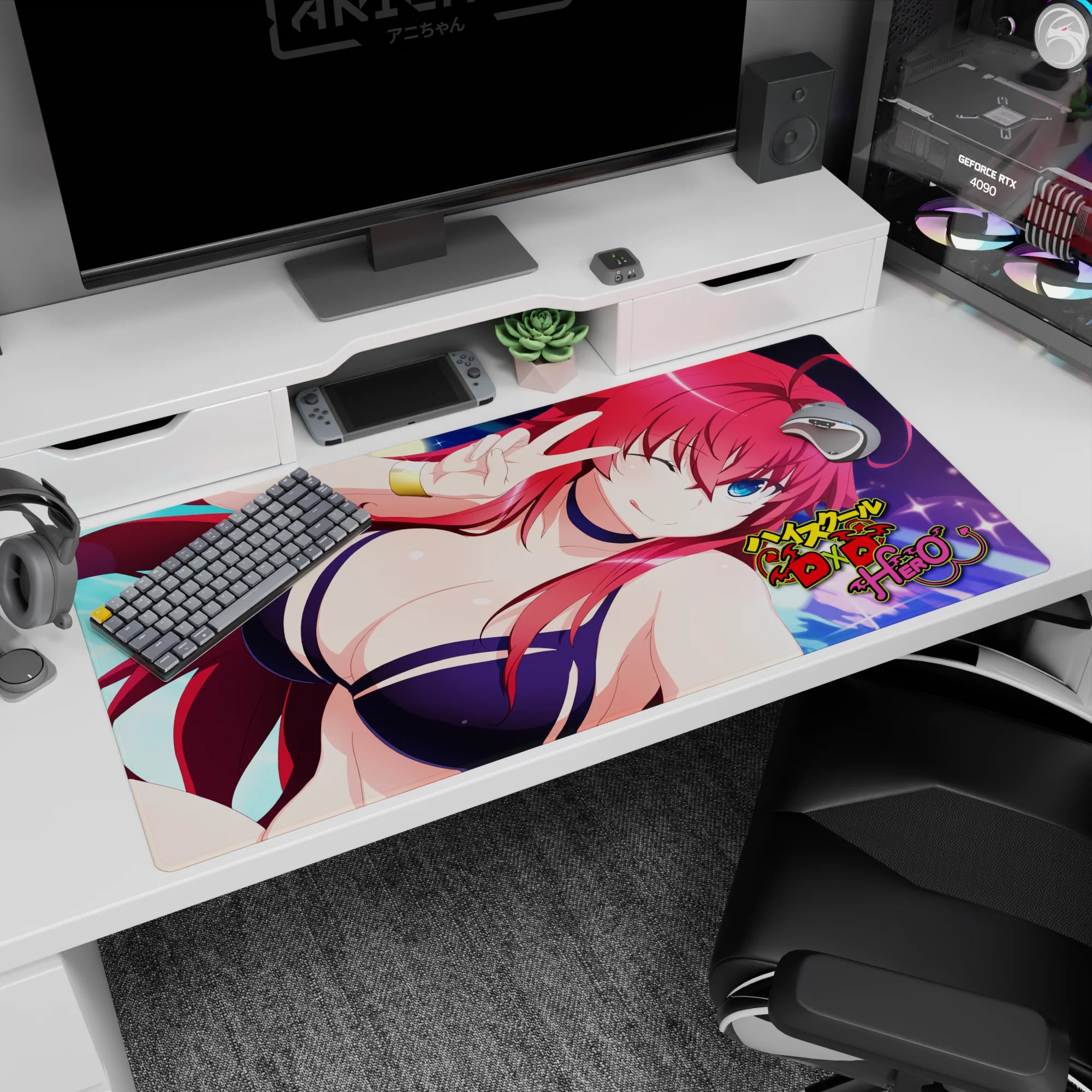 Anime desk pad 40x20 inches featuring Rias Gremory from High School DxD Hero in a navy bikini, exuding summer charm.