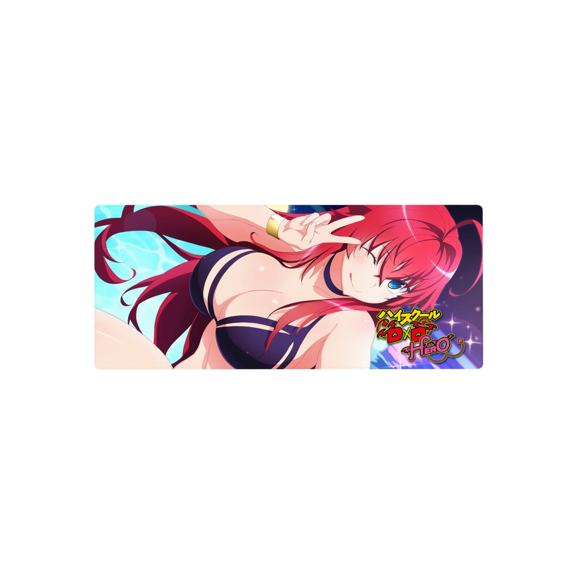 Rias Gremory in navy bikini, peace sign under moonlit sky, anime mouse pad 28x12 inches from High School DxD Hero.