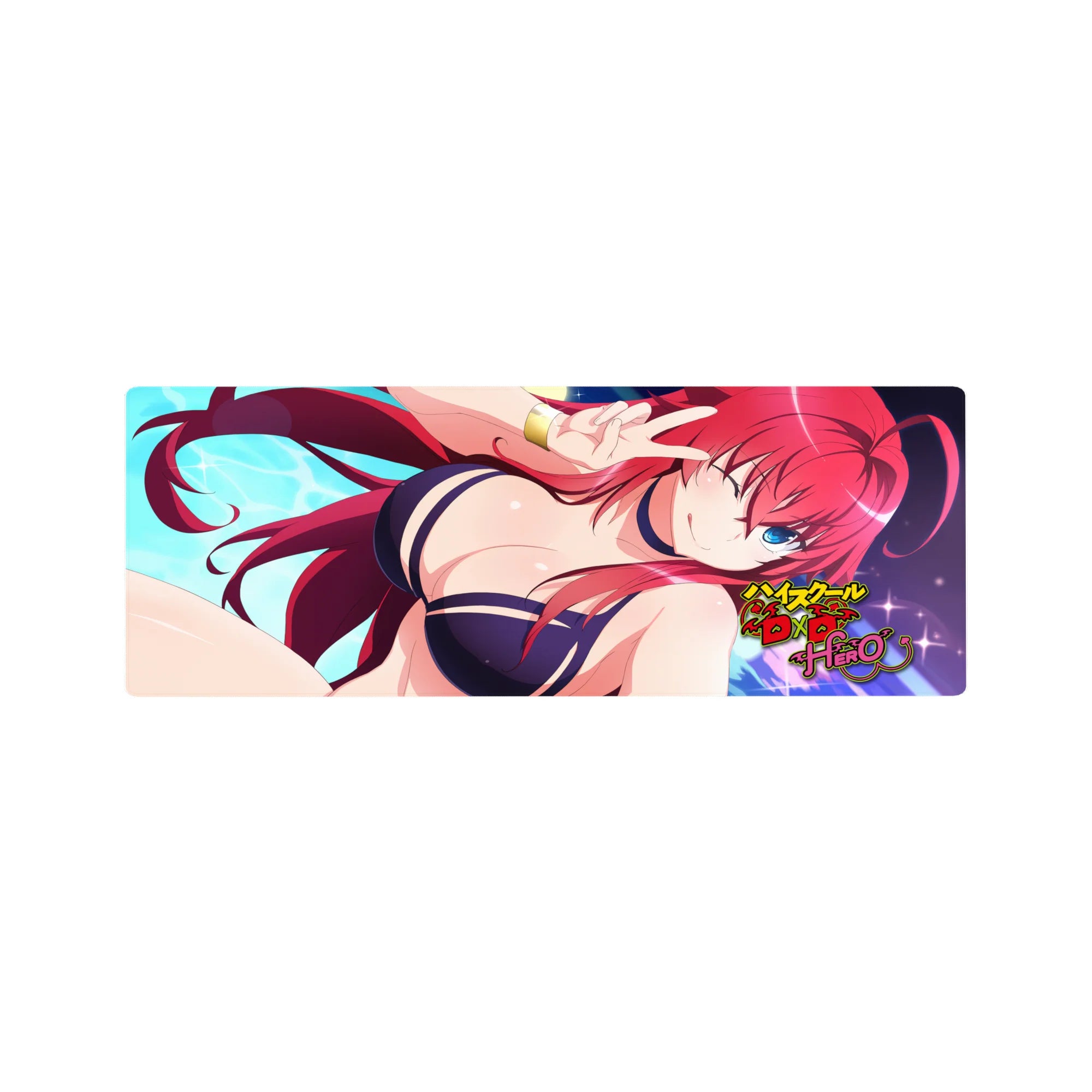 Rias Gremory in navy bikini under moonlight on 32x12 inches anime mouse pad from High School DxD Hero, fiery hair glowing.