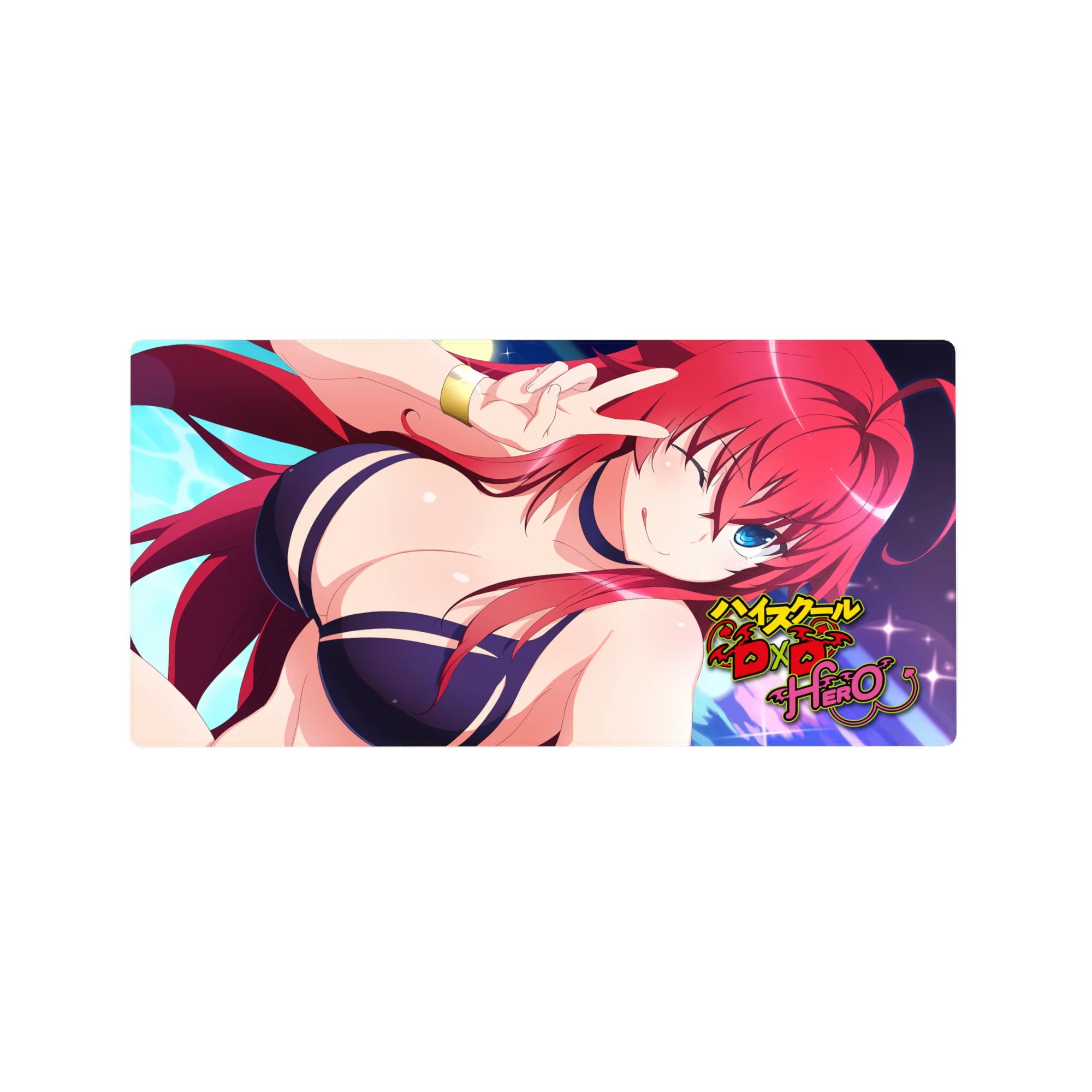 Rias Gremory in a navy bikini from High School DxD Hero on a 32x16 inch mouse pad, perfect for anime fans.