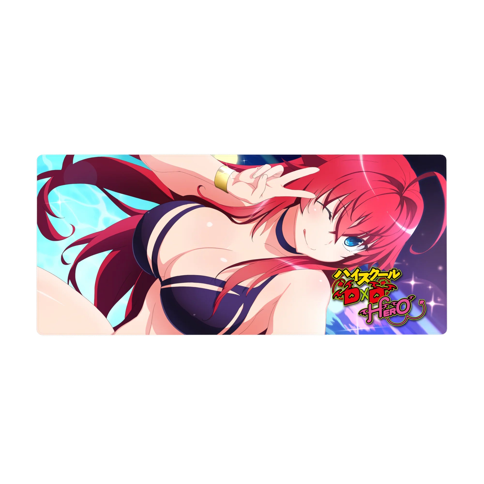 Rias Gremory from High School DxD Hero in navy bikini on 36x16 inch anime mouse pad, fiery hair glowing under moonlit sky.