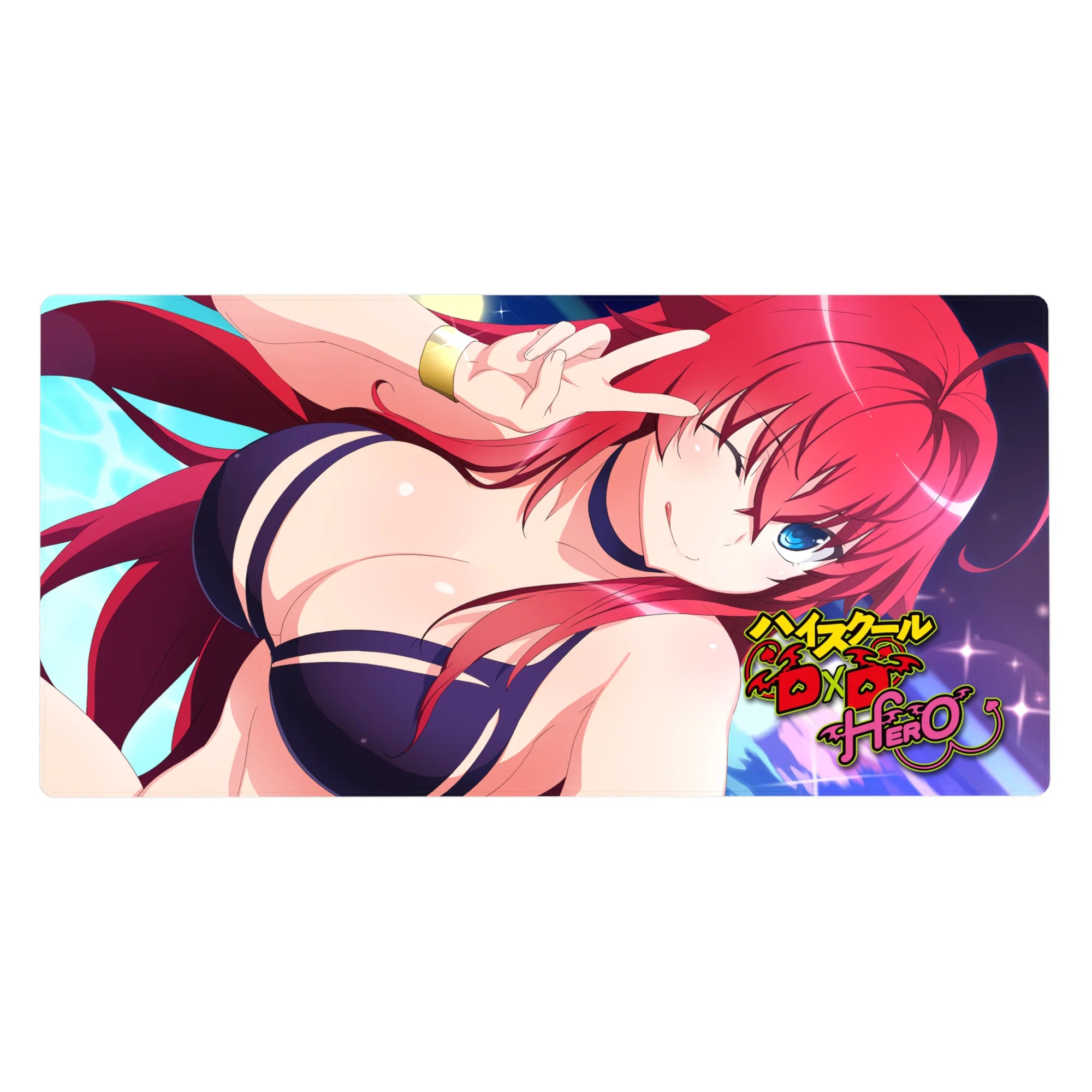 Anime desk pad 40x20 inches with Rias Gremory in a navy bikini from High School DxD Hero, moonlit scene, fiery hair.