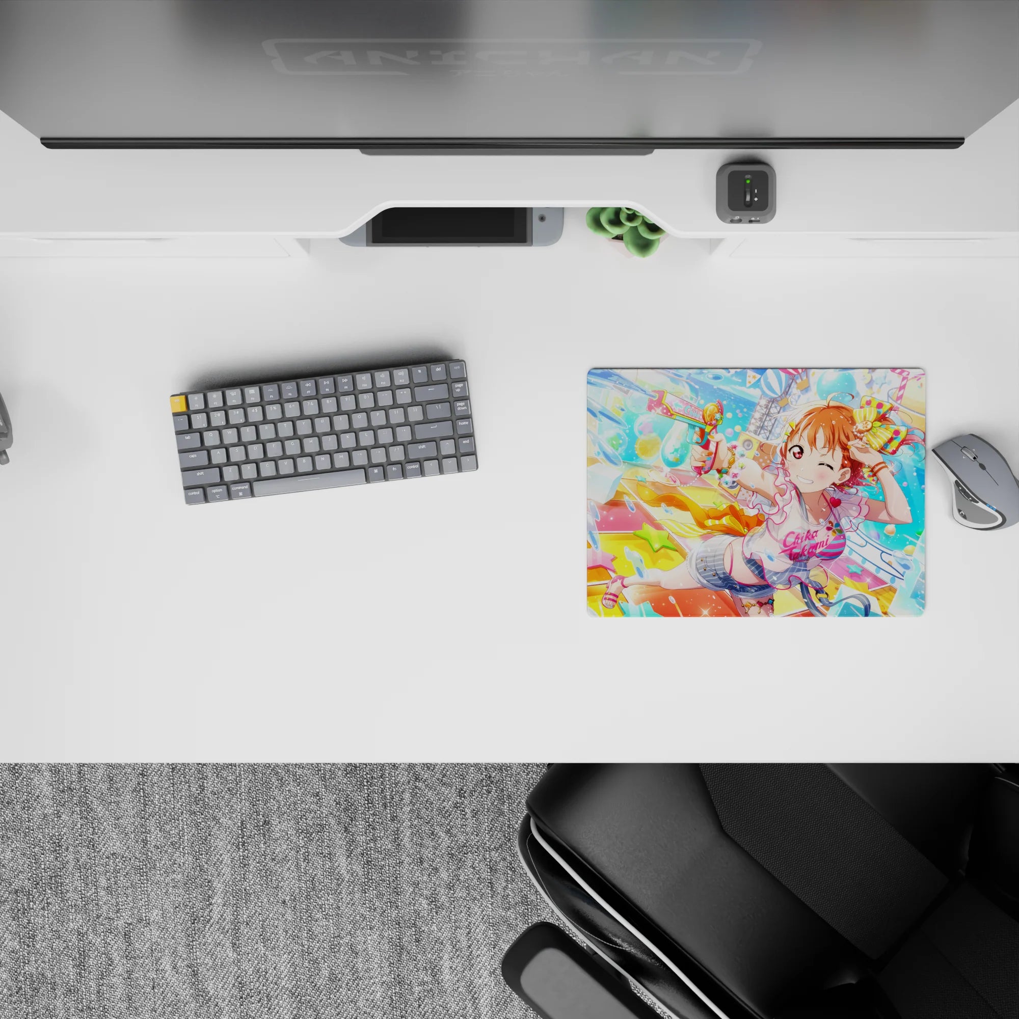 Bright neon blue and citrus yellow anime girl mouse pad 14x10 inches, summer festival vibe, candy-colored.