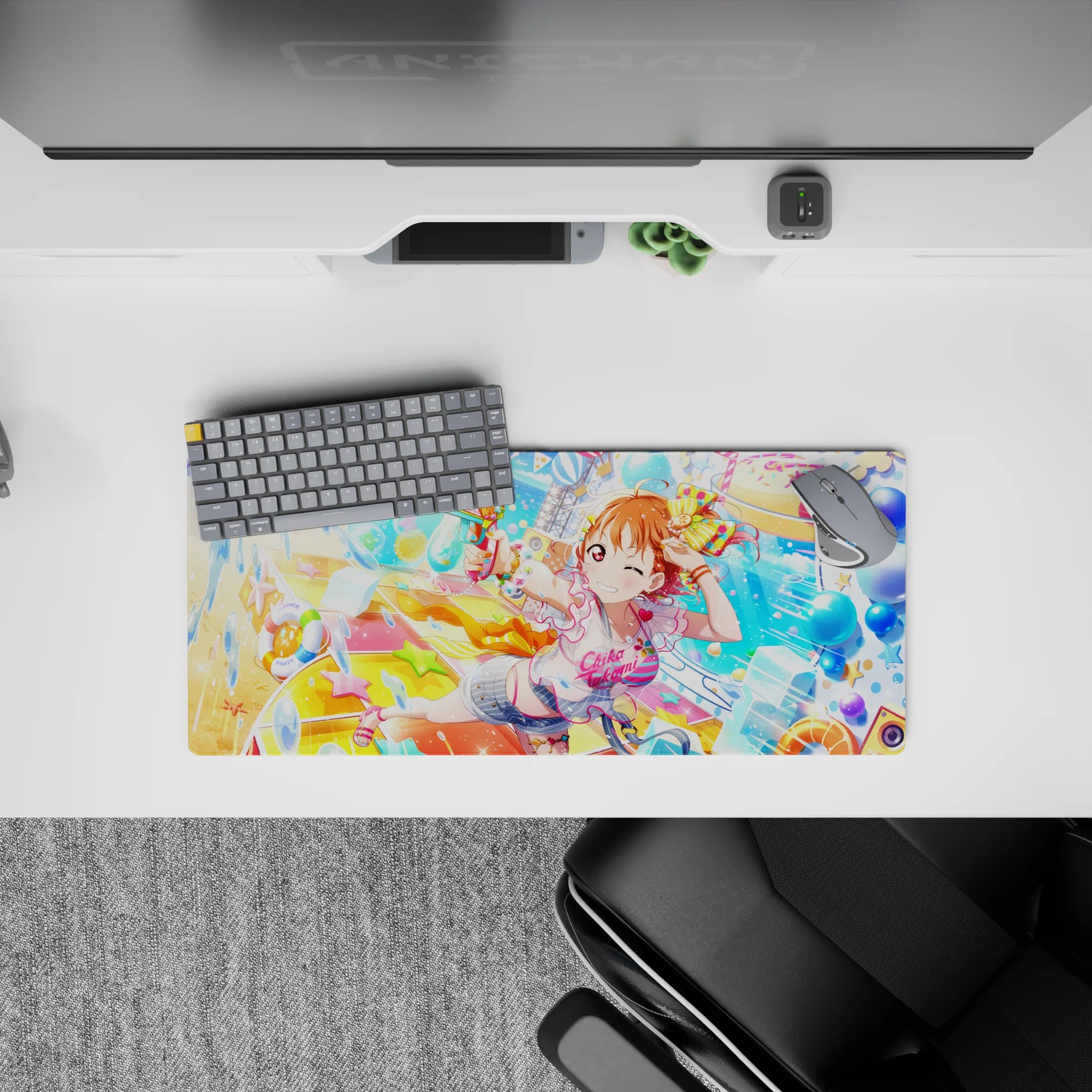 28x12 inches extended mouse pad in neon blues and citrus yellows with stars, ribbons, and pool party vibes.