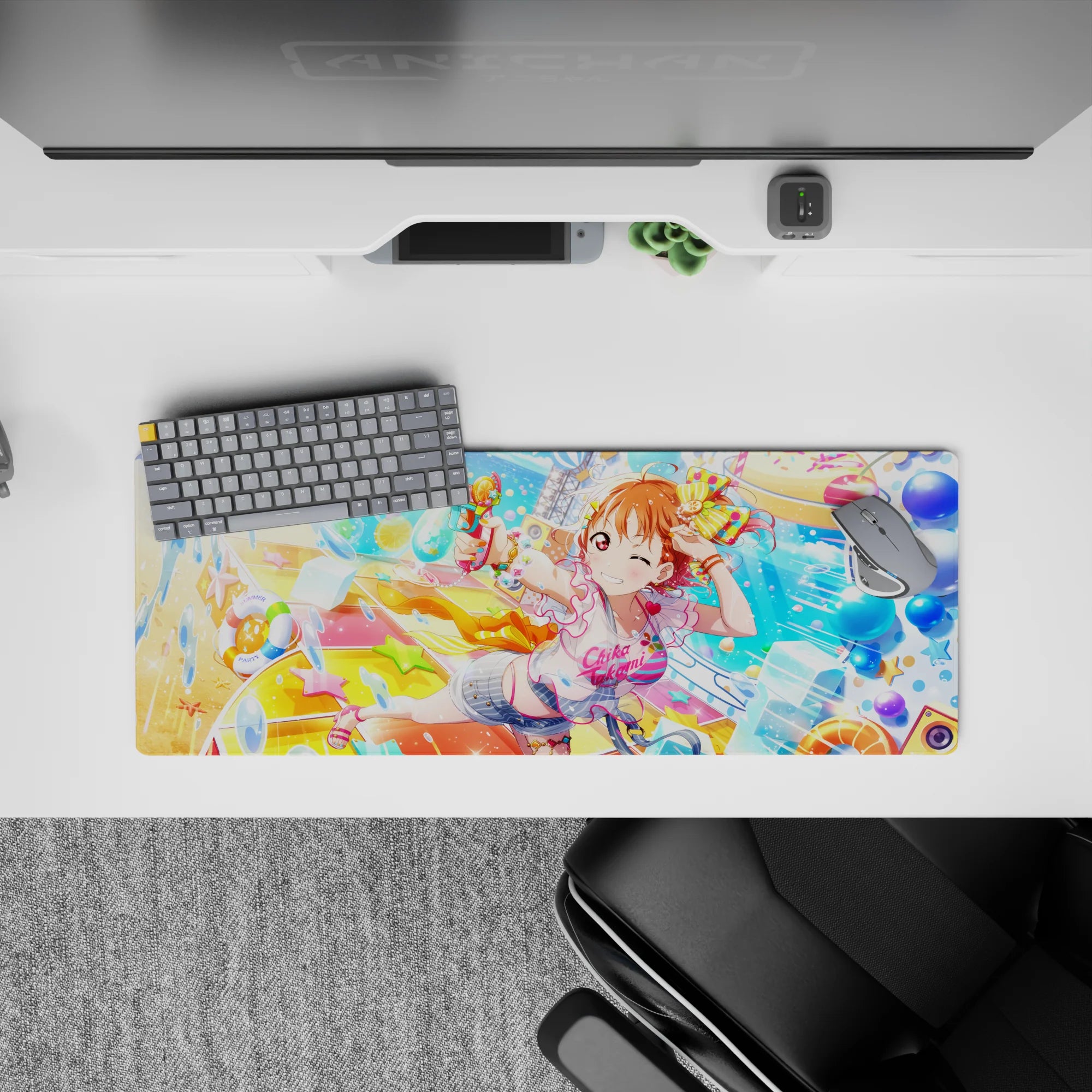 32x12 inches anime desk mat in neon blues and citrus yellows, candy-bright festival pool party vibe.