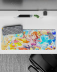 32x12 inches anime desk mat in neon blues and citrus yellows, candy-bright festival pool party vibe.